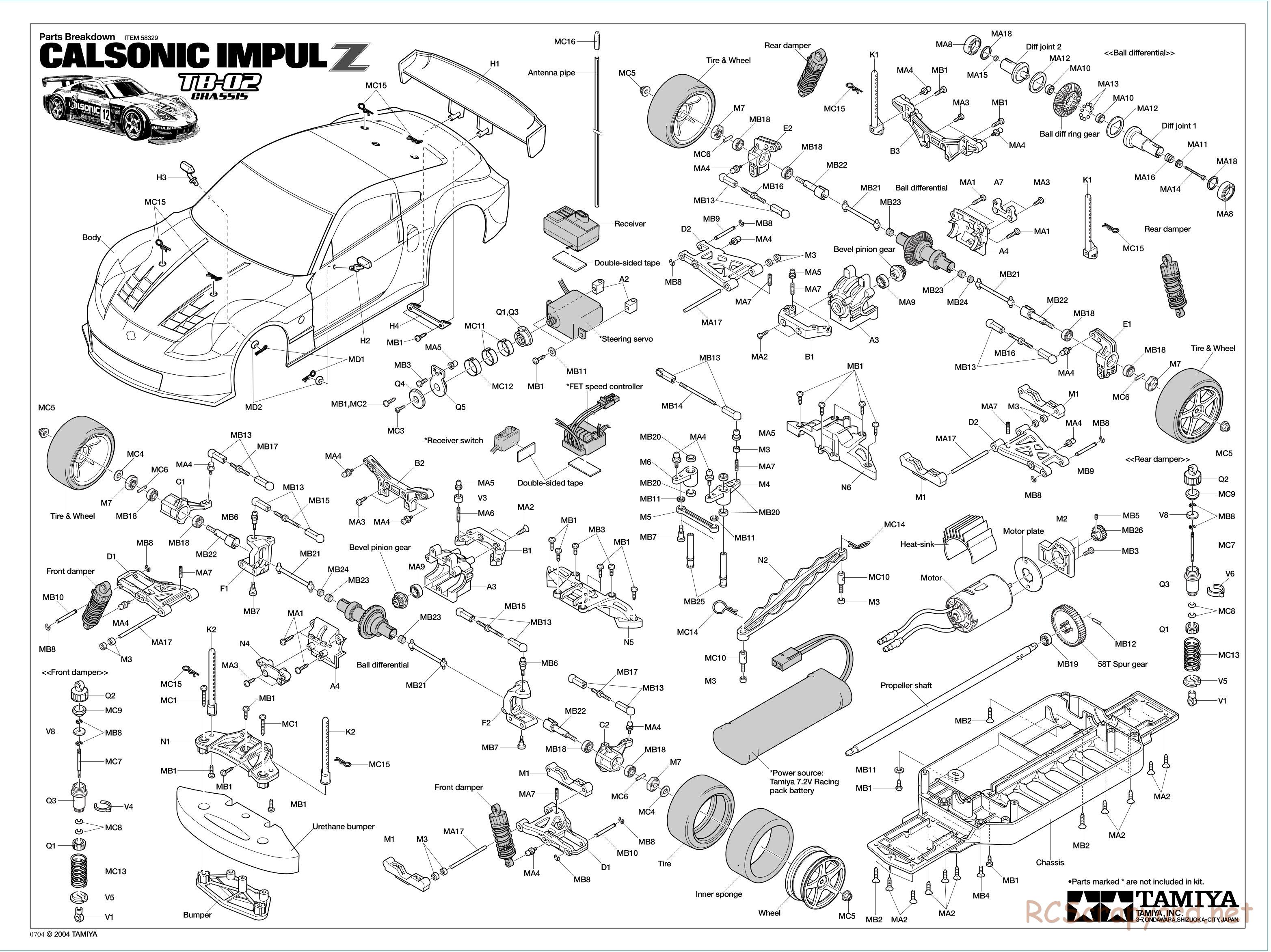 Tamiya - Calsonic Impul Z - TB-02 Chassis - Exploded View - Page 1
