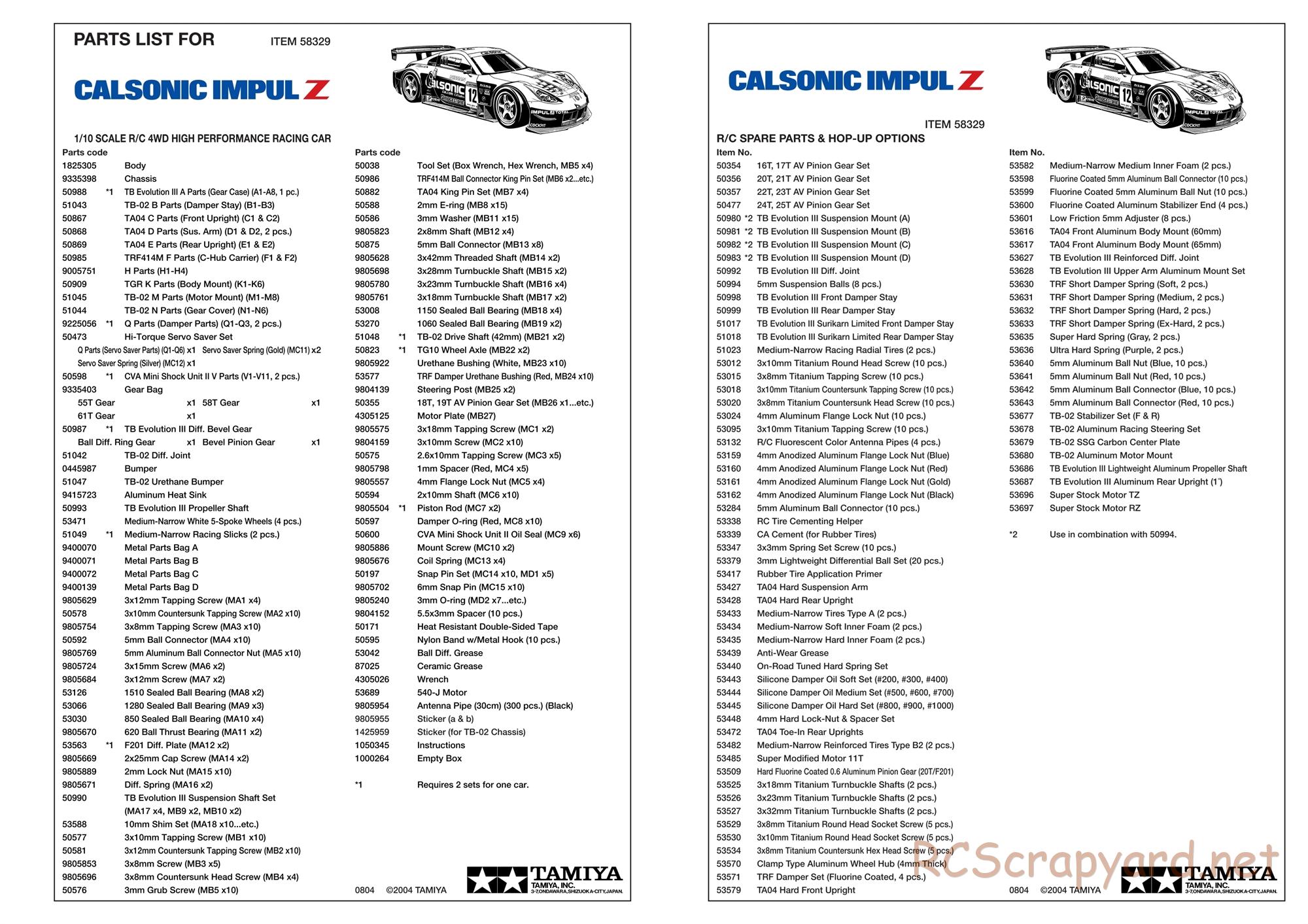 Tamiya - Calsonic Impul Z - TB-02 Chassis - Parts List - Page 2