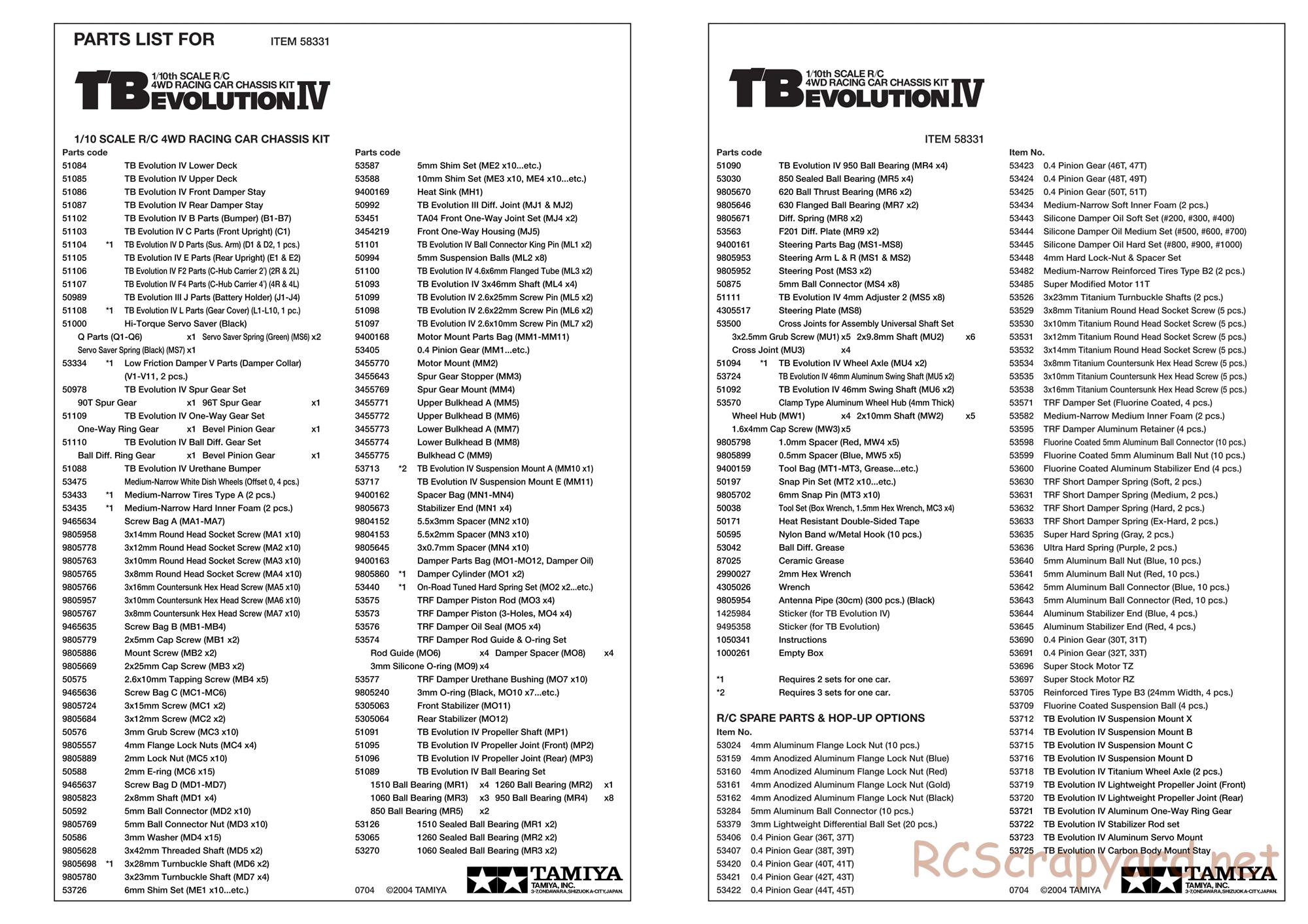 Tamiya - TB Evolution IV Chassis - Parts List - Page 2