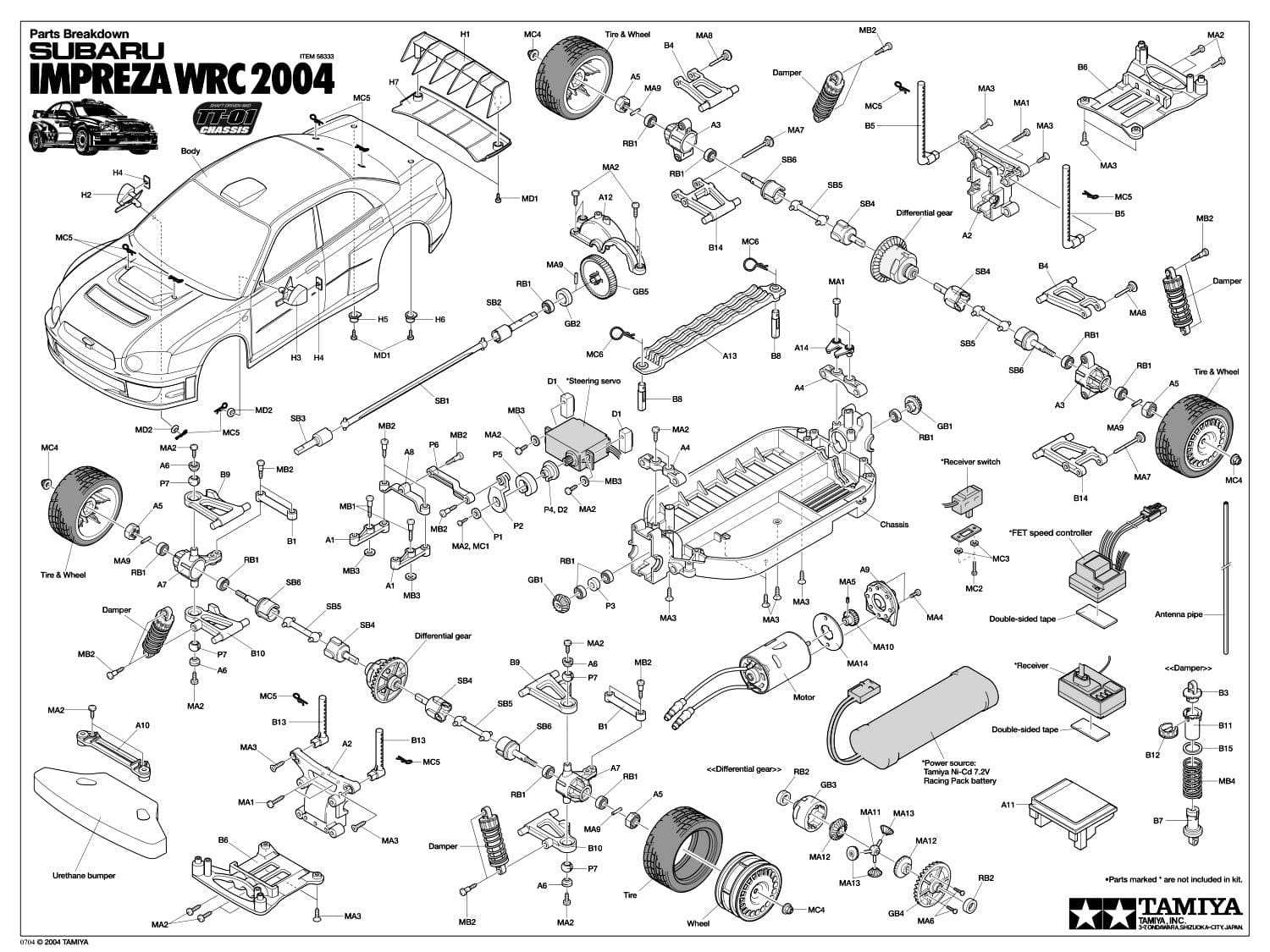 Tamiya - Subaru Impreza WRC 2004 Rally Mexico - TT-01 Chassis - Exploded View