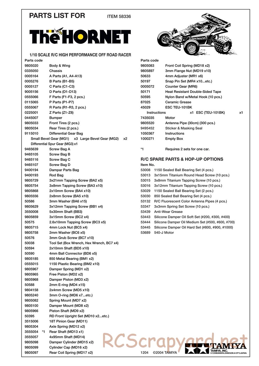 Tamiya - The Hornet (2004) - GH Chassis - Parts List - Page 1