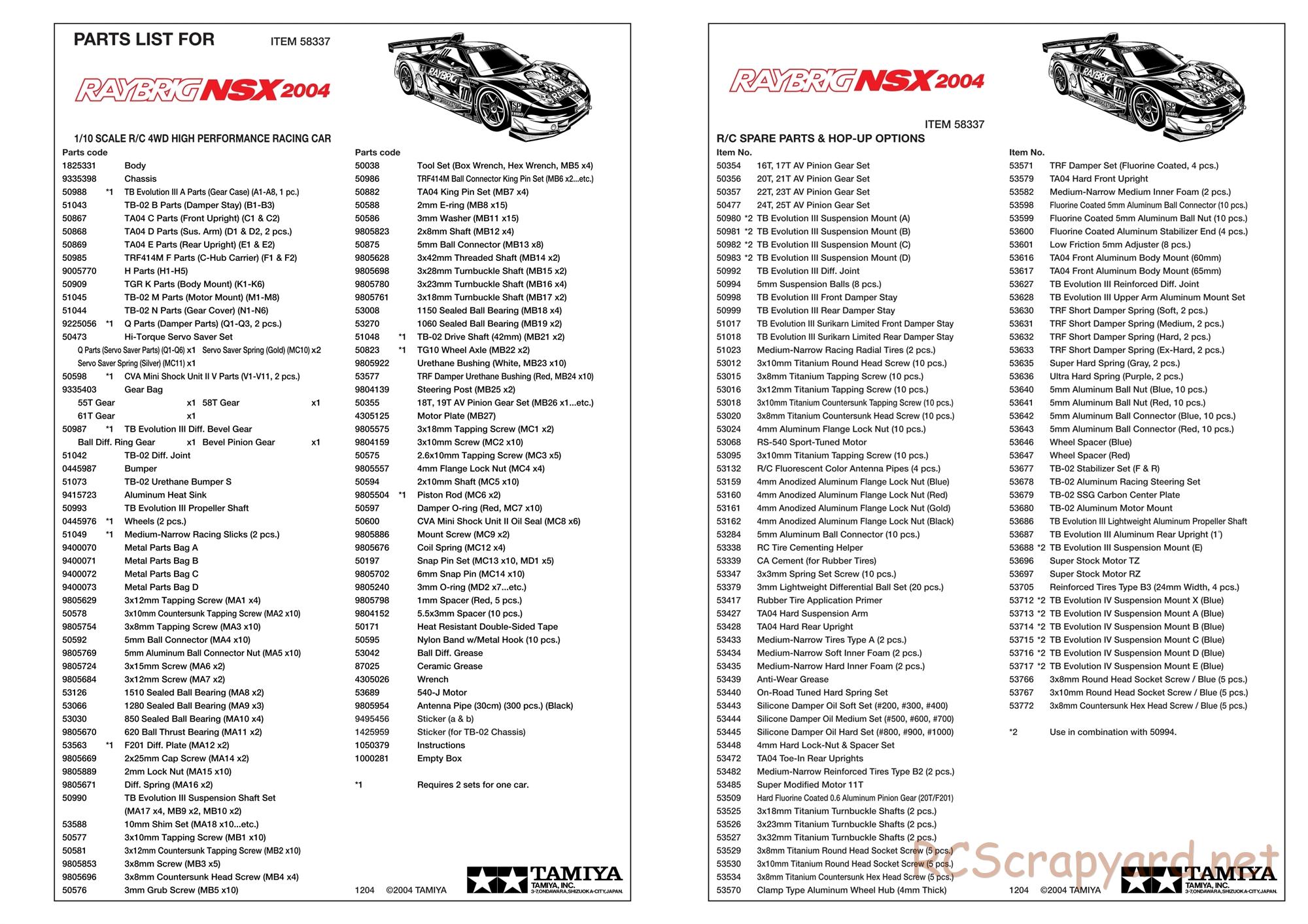 Tamiya - Raybrig NSX 2004 - TB-02 Chassis - Parts List - Page 2