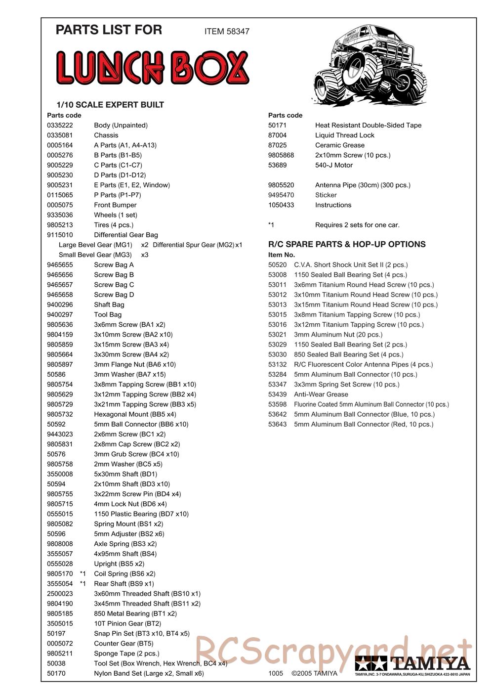 Tamiya - Vanessas Lunchbox - CW-01 Chassis - Parts List - Page 1