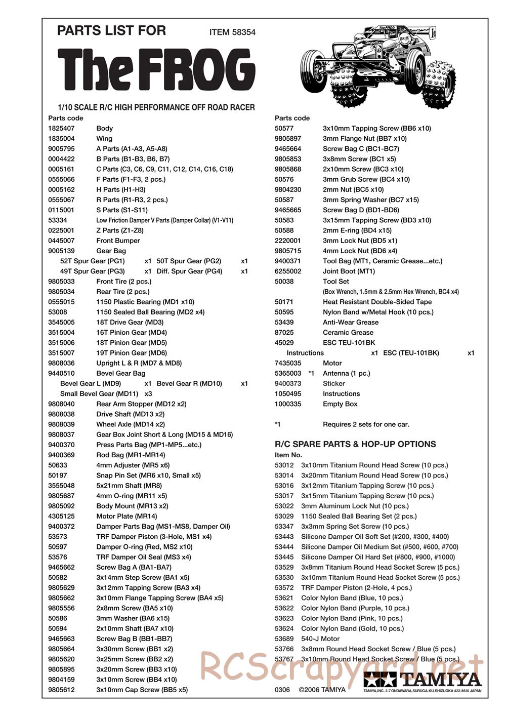 Tamiya - The Frog - 2005 - ORV Chassis - Parts List - Page 1