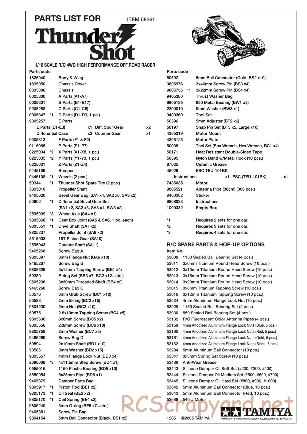 Tamiya - Thunder Shot - TS1 Chassis - Parts List - Page 1