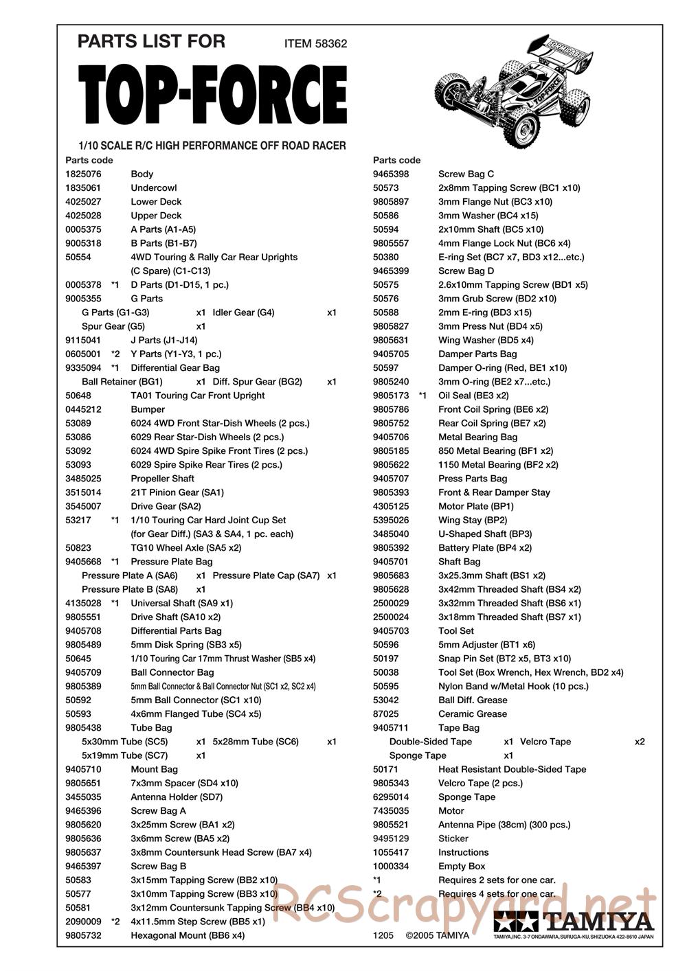 Tamiya - Top Force 2005 - DF-01 Chassis - Parts List - Page 1