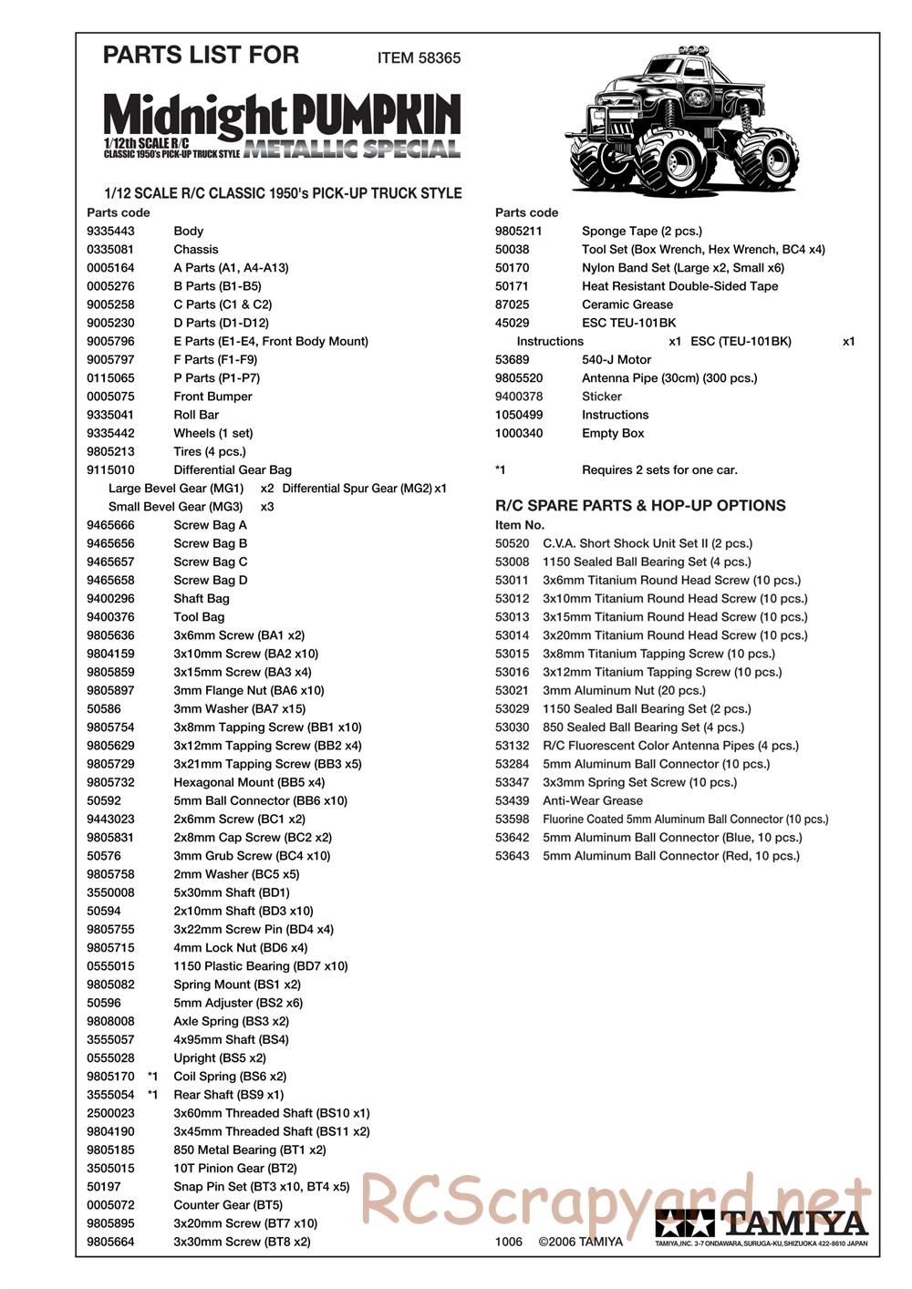 Tamiya - Midnight Pumpkin Chrome Metallic Special - CW-01 Chassis - Parts List - Page 1