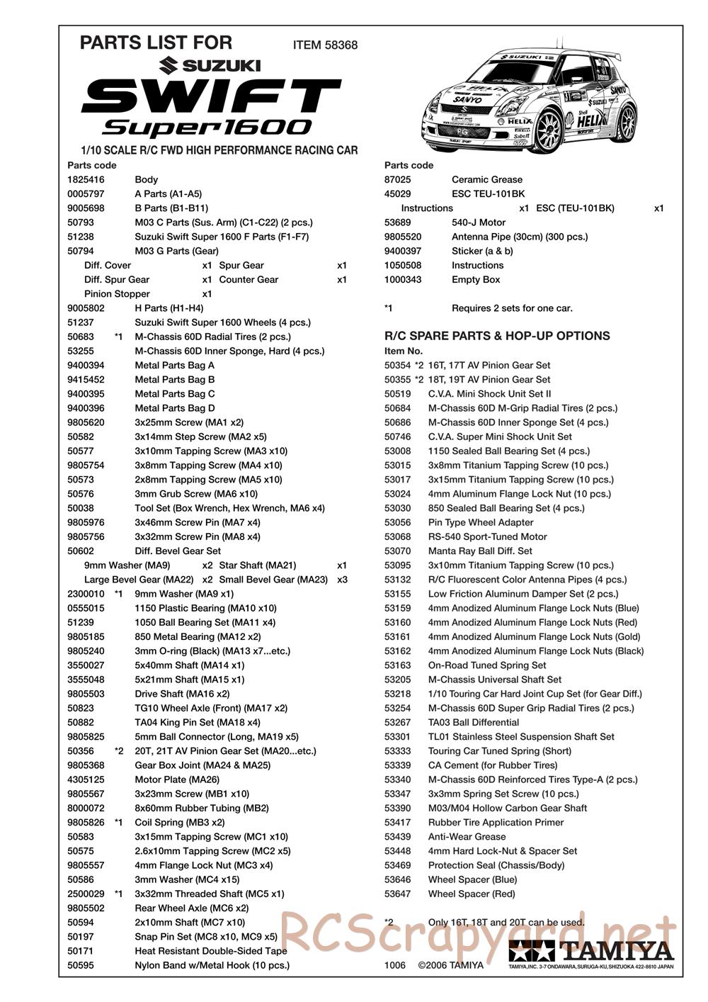 Tamiya - Suzuki Swift Super 1600 - M03M Chassis - Parts List - Page 1