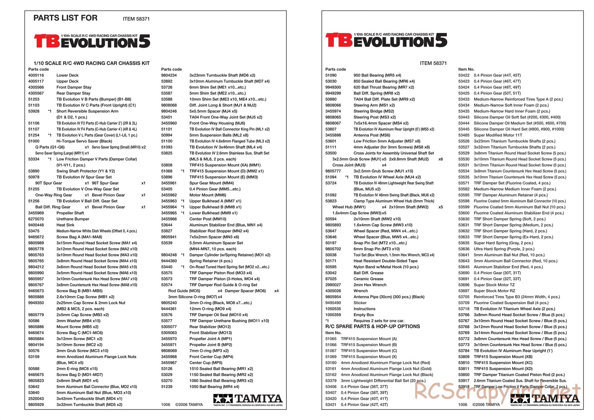 Tamiya - TB Evolution V Chassis - Parts List - Page 1