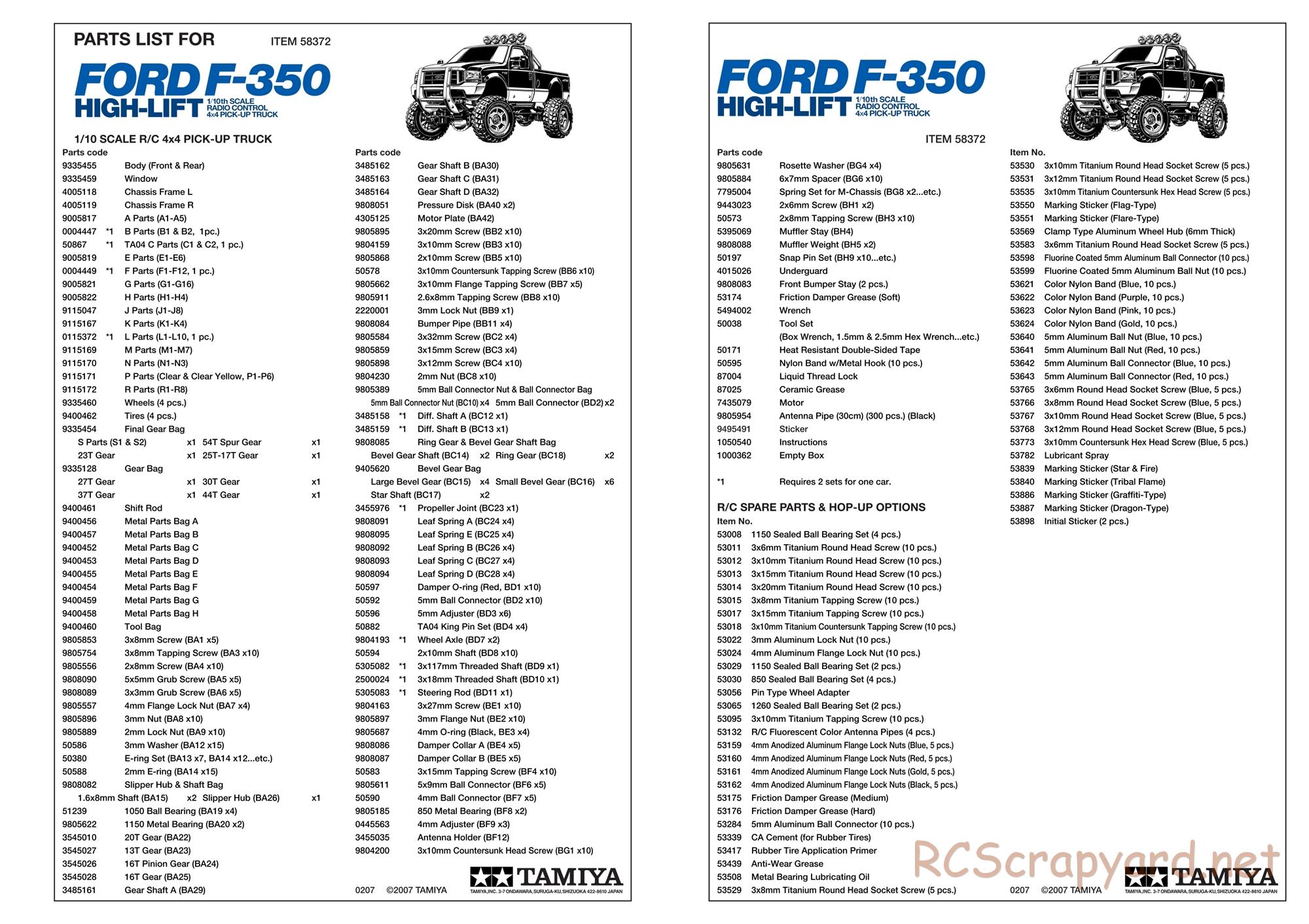 Tamiya - Ford F350 High-Lift Chassis - Parts List - Page 1