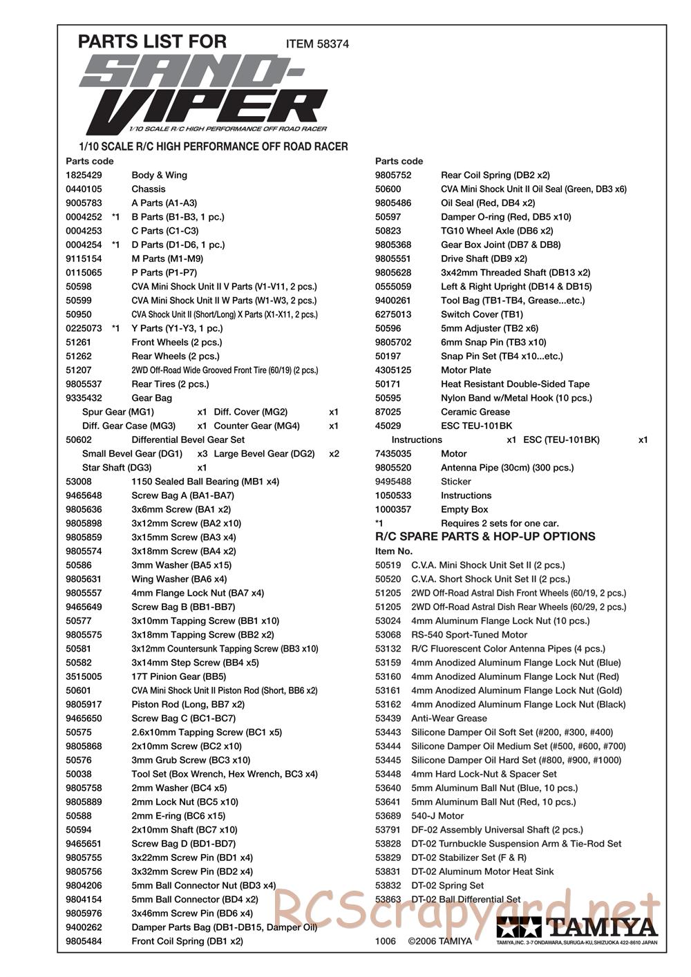 Tamiya - Sand Viper Chassis - Parts List - Page 1