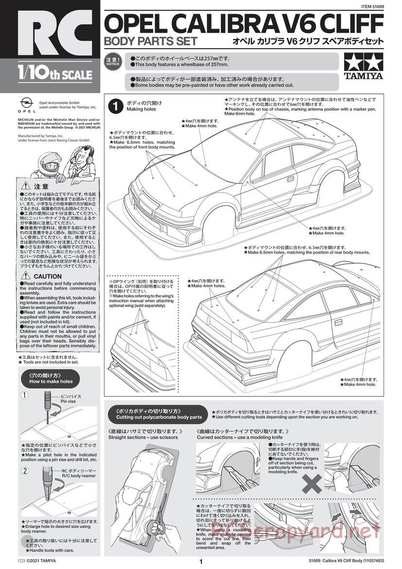 Tamiya - Opel Calibra V6 Cliff - TT-01E Chassis - Body Manual - Page 1