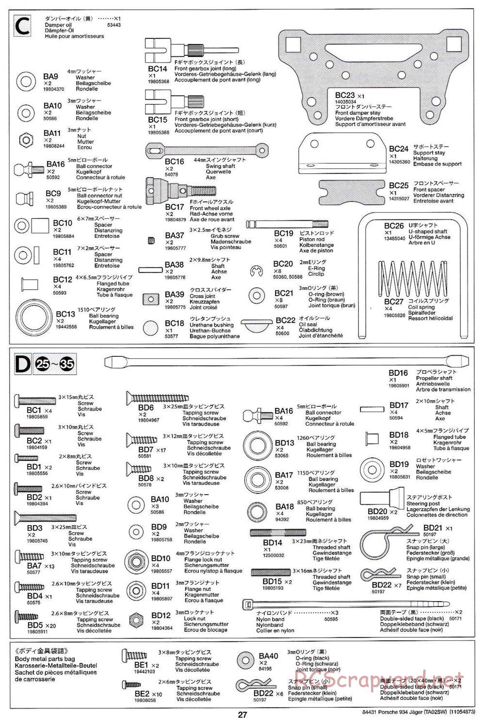 Tamiya - Porsche Turbo RSR Type 934 Jagermeister - TA-02SW Chassis - Manual - Page 27