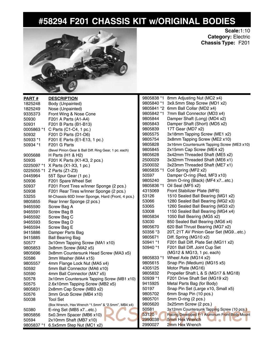 Tamiya - F201 Chassis - Parts List - Page 2