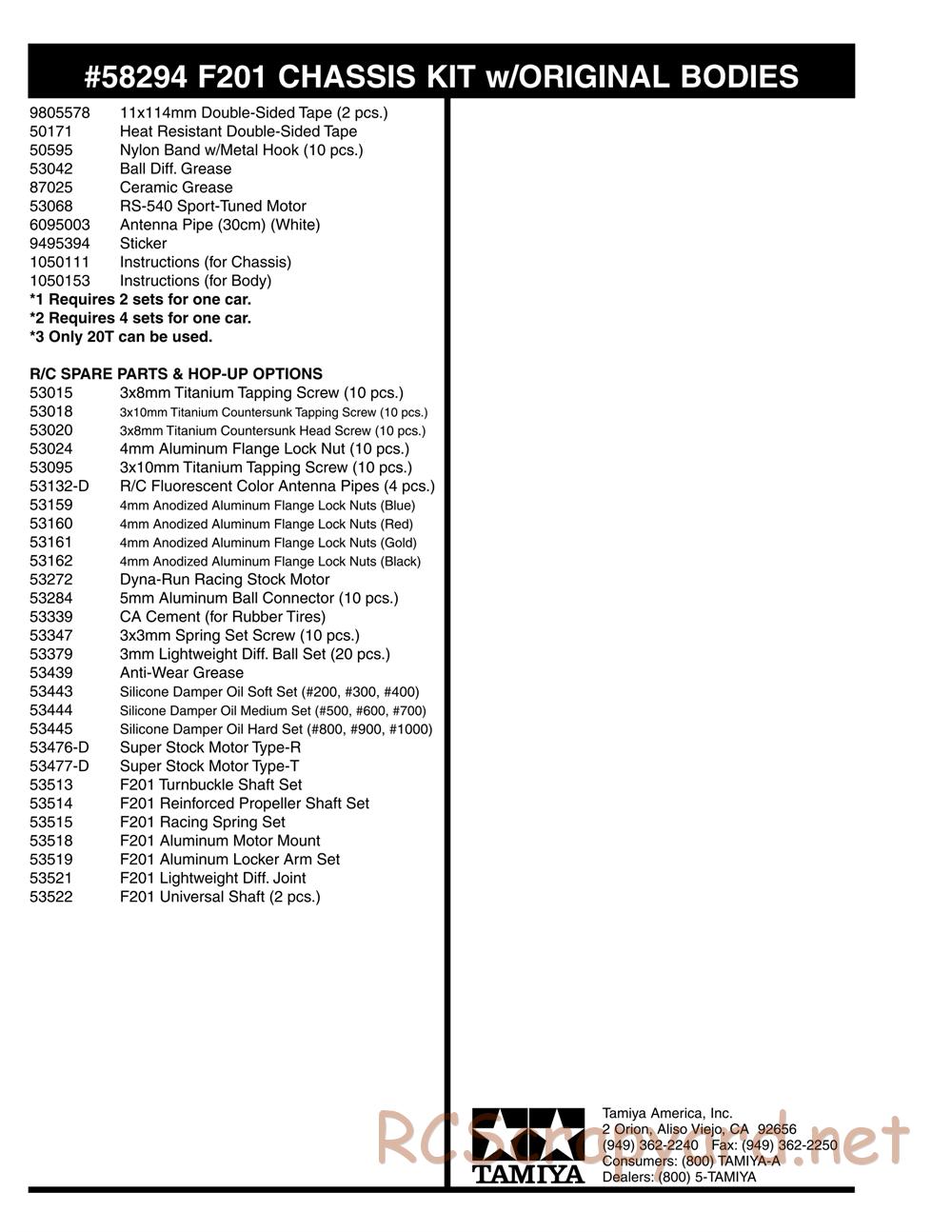 Tamiya - F201 Chassis - Parts List - Page 3