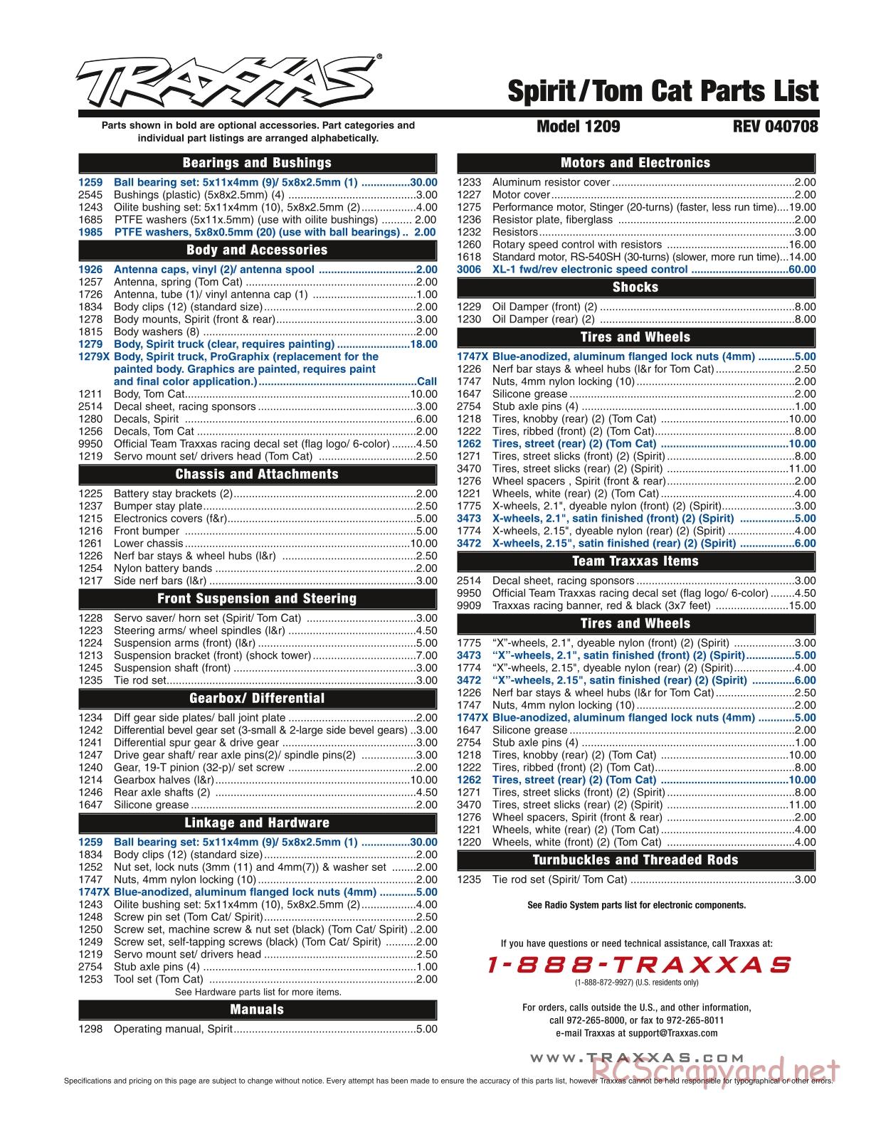 Traxxas - Spirit (1995) - Parts List - Page 1