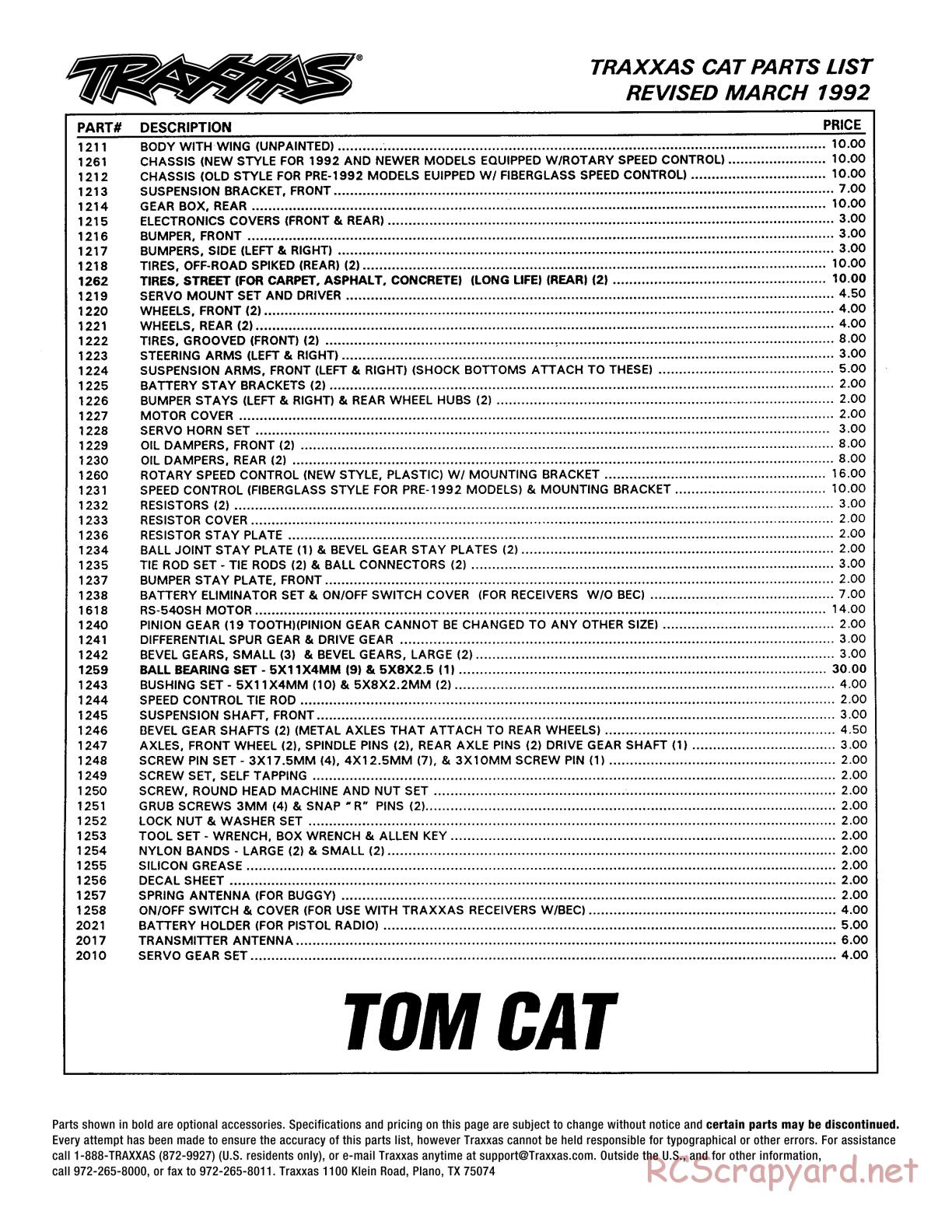 Traxxas - Tom-Cat (1995) - Parts List - Page 1