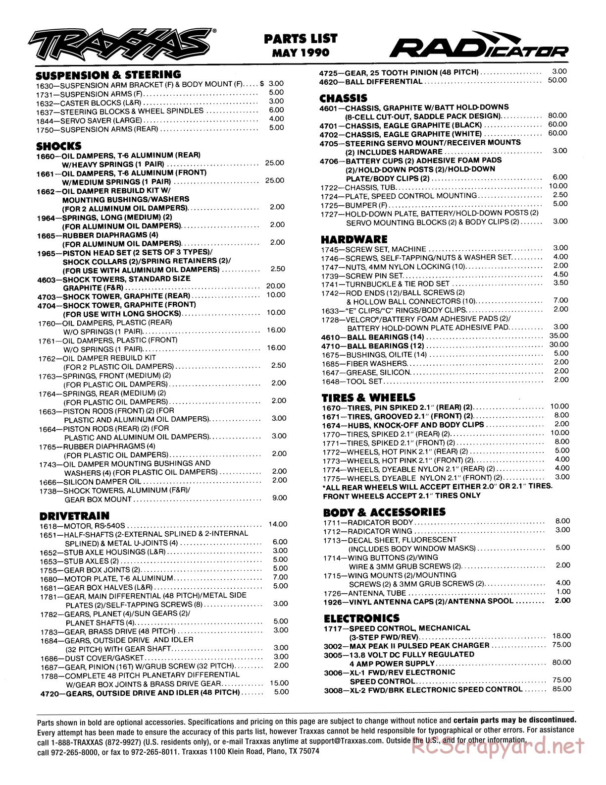 Traxxas - Radicator (1989) - Parts List - Page 1