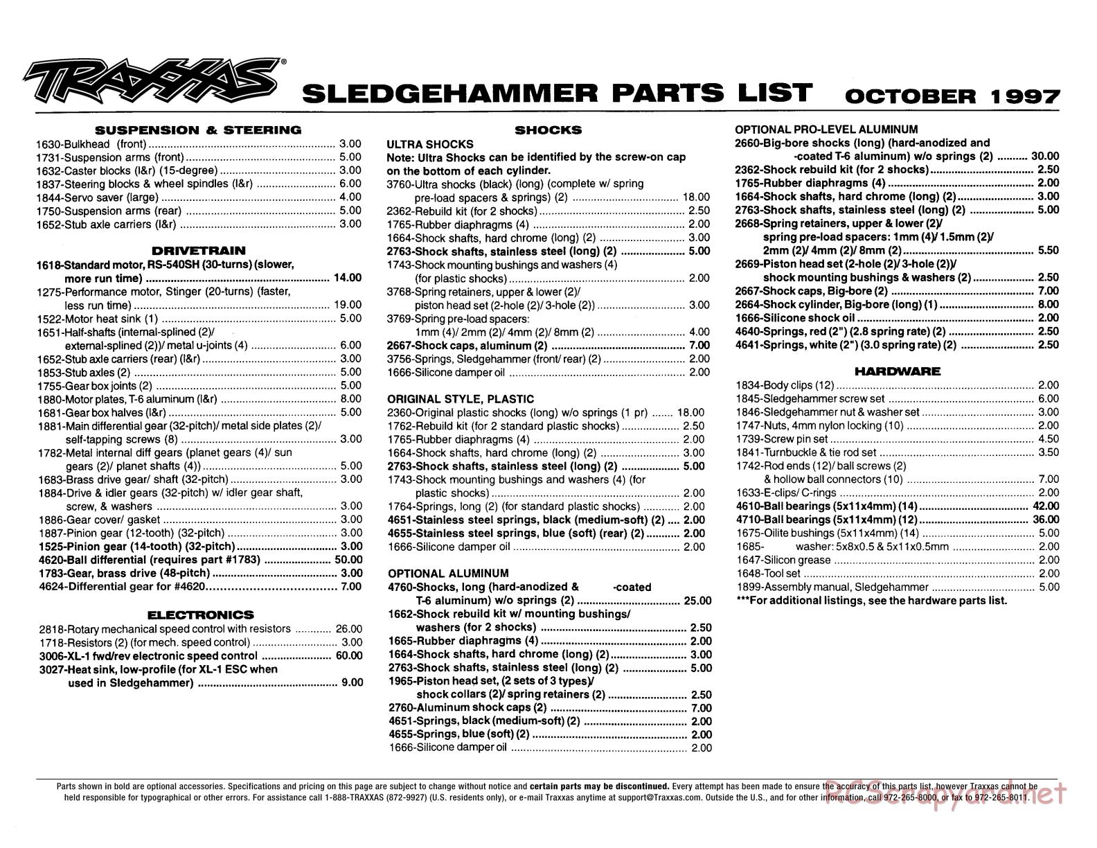 Traxxas - Sledgehammer - Parts List - Page 1