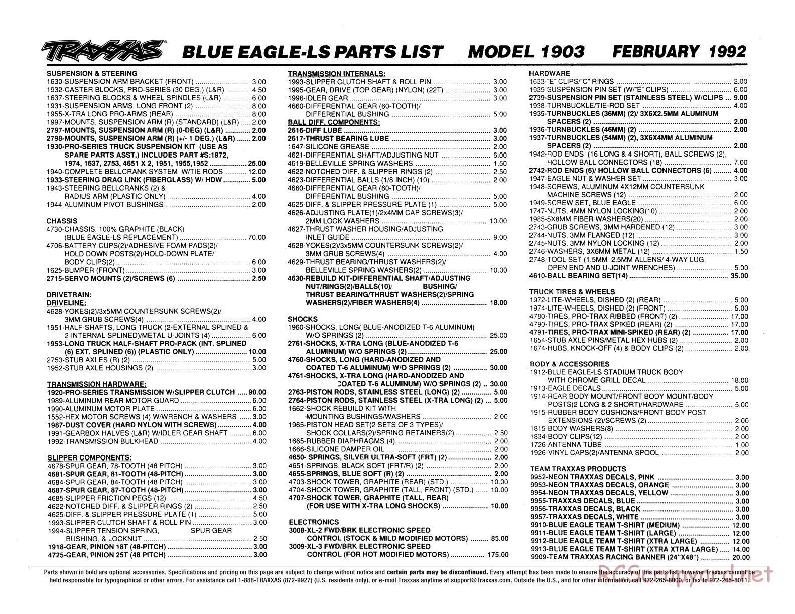 Traxxas - Blue Eagle LS (1991) - Parts List - Page 1