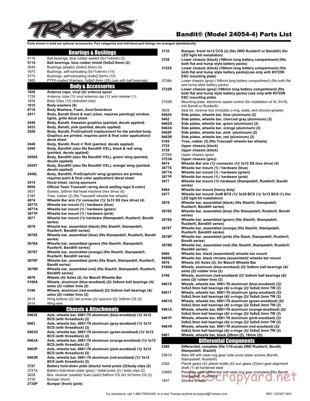 Traxxas - Bandit XL-5 (2018) - Parts List - Page 1