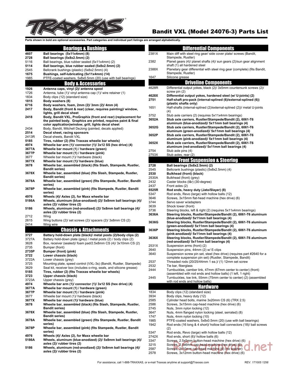 Traxxas - Bandit VXL TSM (2015) - Parts List - Page 1