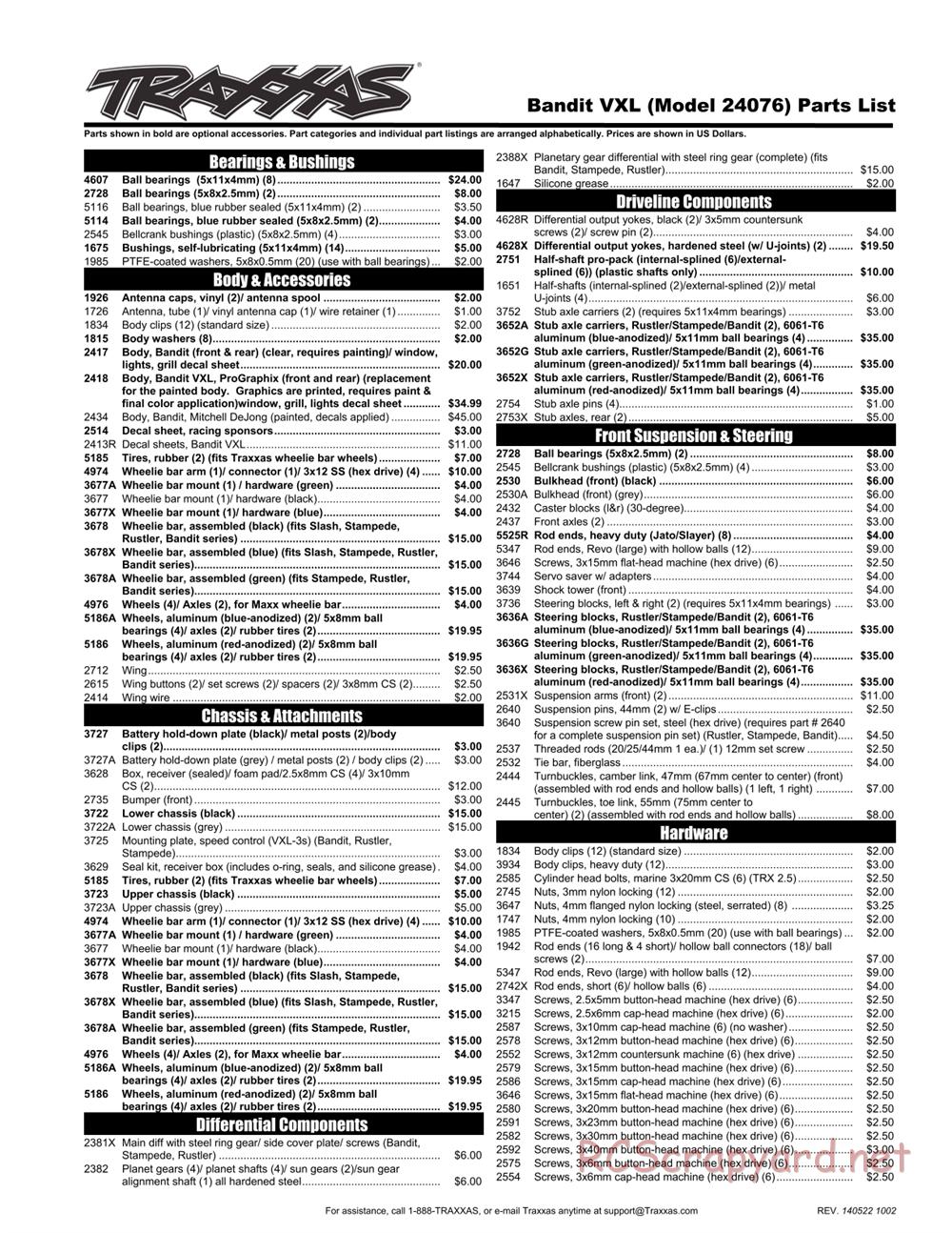 Traxxas - Bandit VXL (2014) - Parts List - Page 1