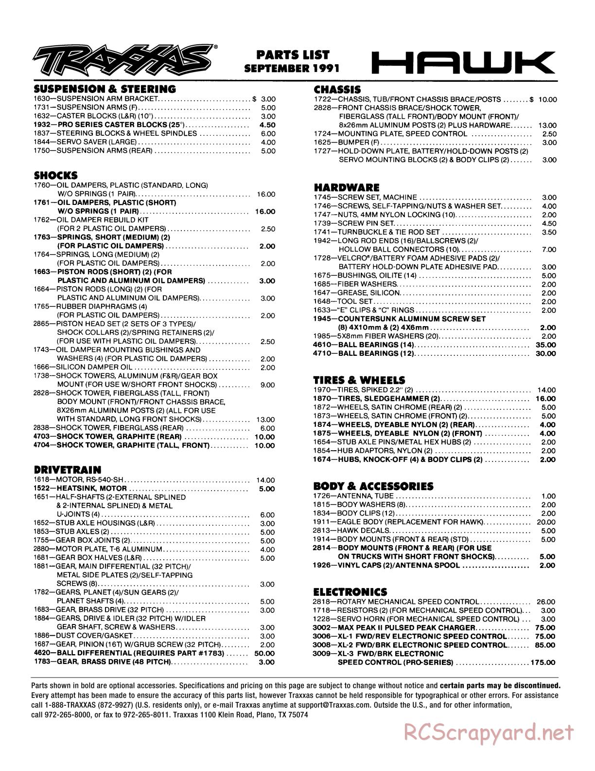 Traxxas - Hawk (1989) - Parts List - Page 1