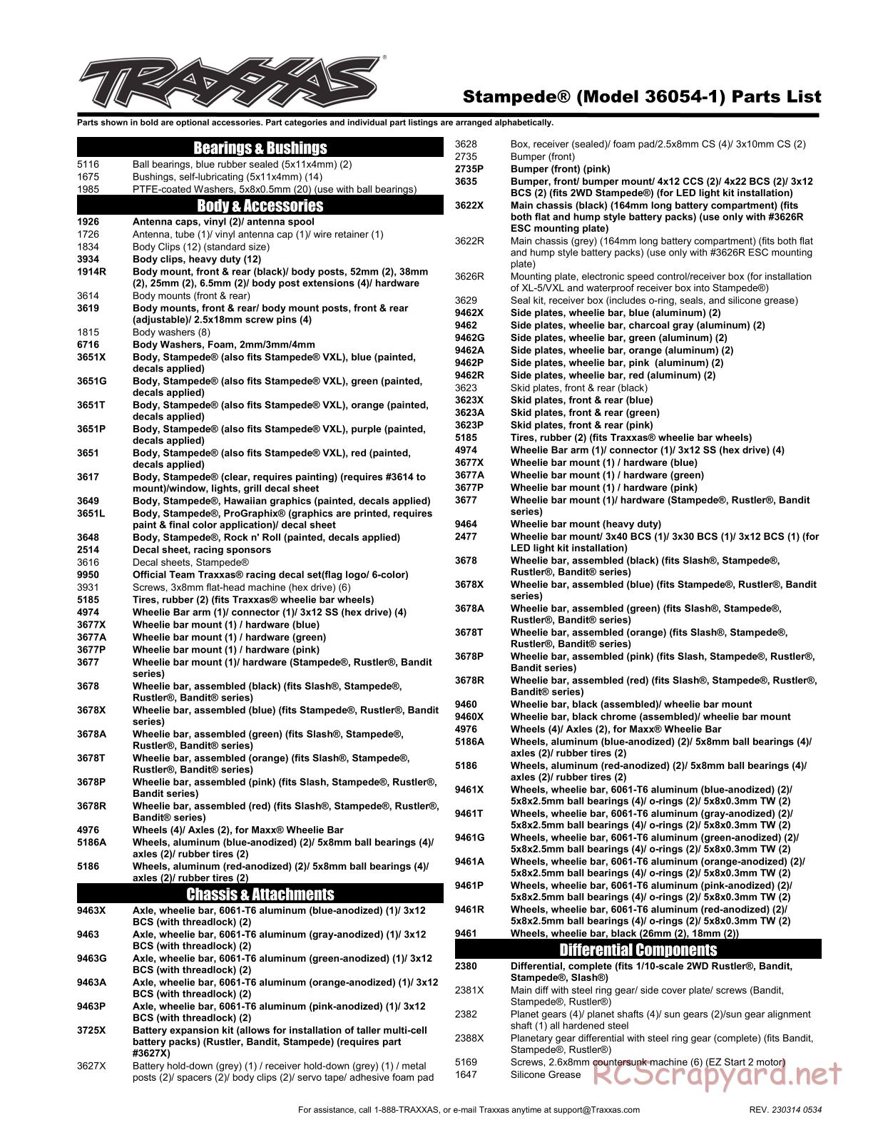 Traxxas - Stampede XL-5 (2018) - Parts List - Page 1