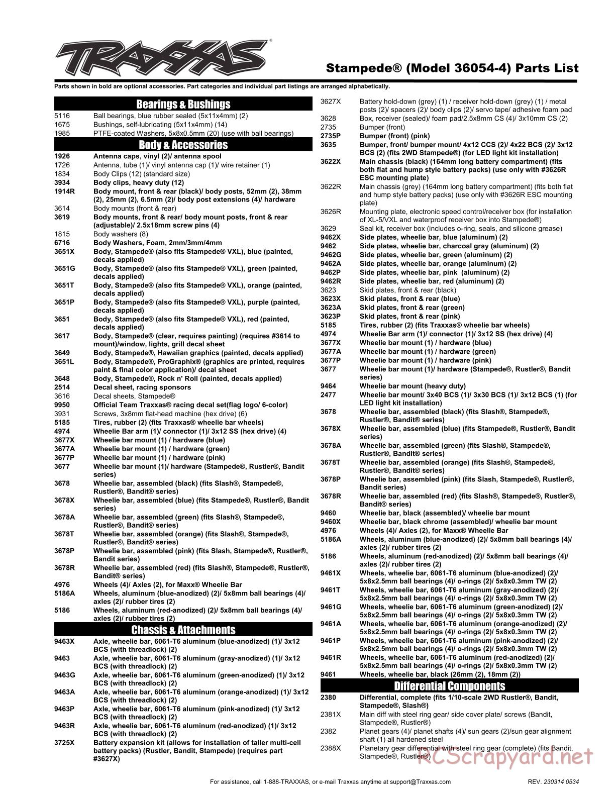 Traxxas - Stampede XL-5 (2018) - Parts List - Page 1