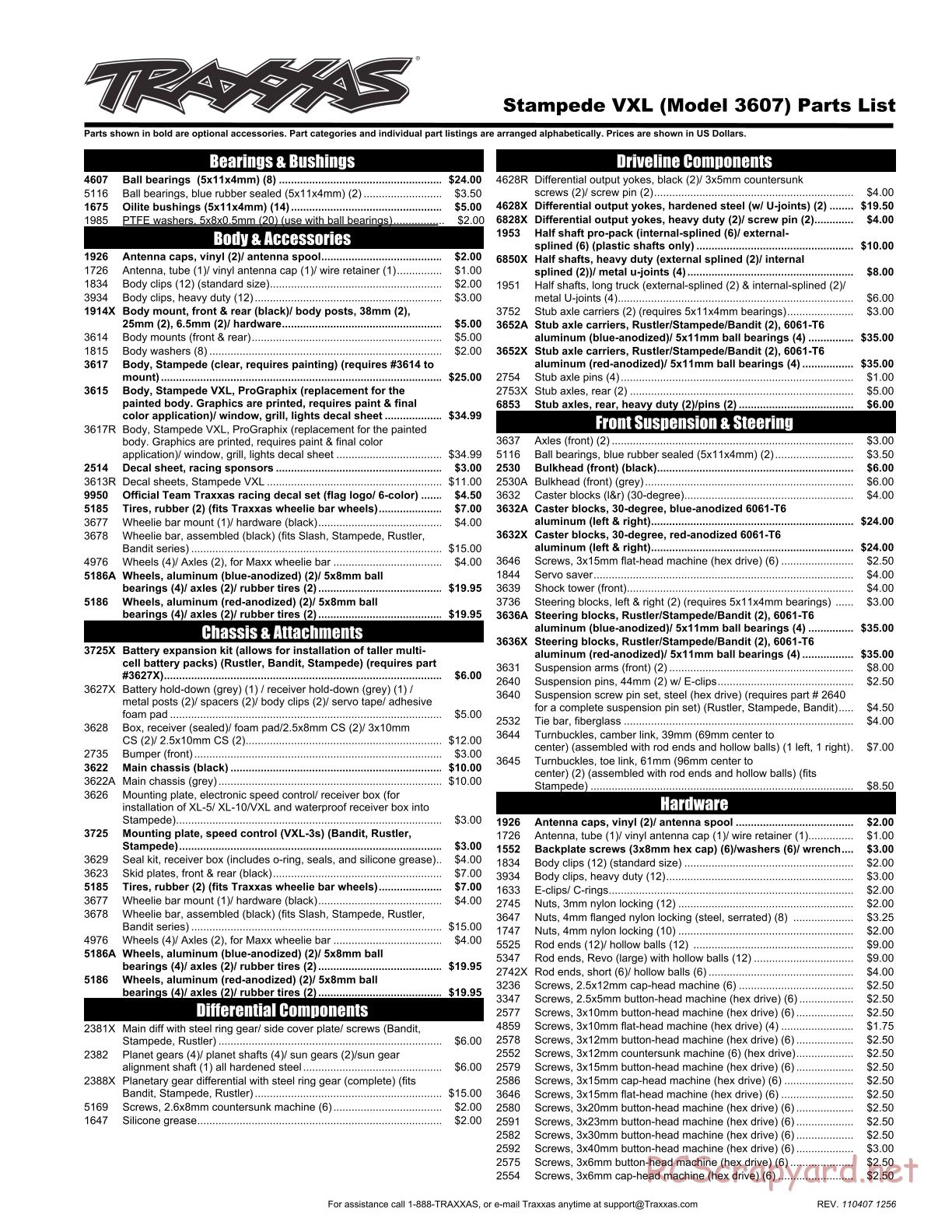 Traxxas - Stampede VXL - Parts List - Page 1