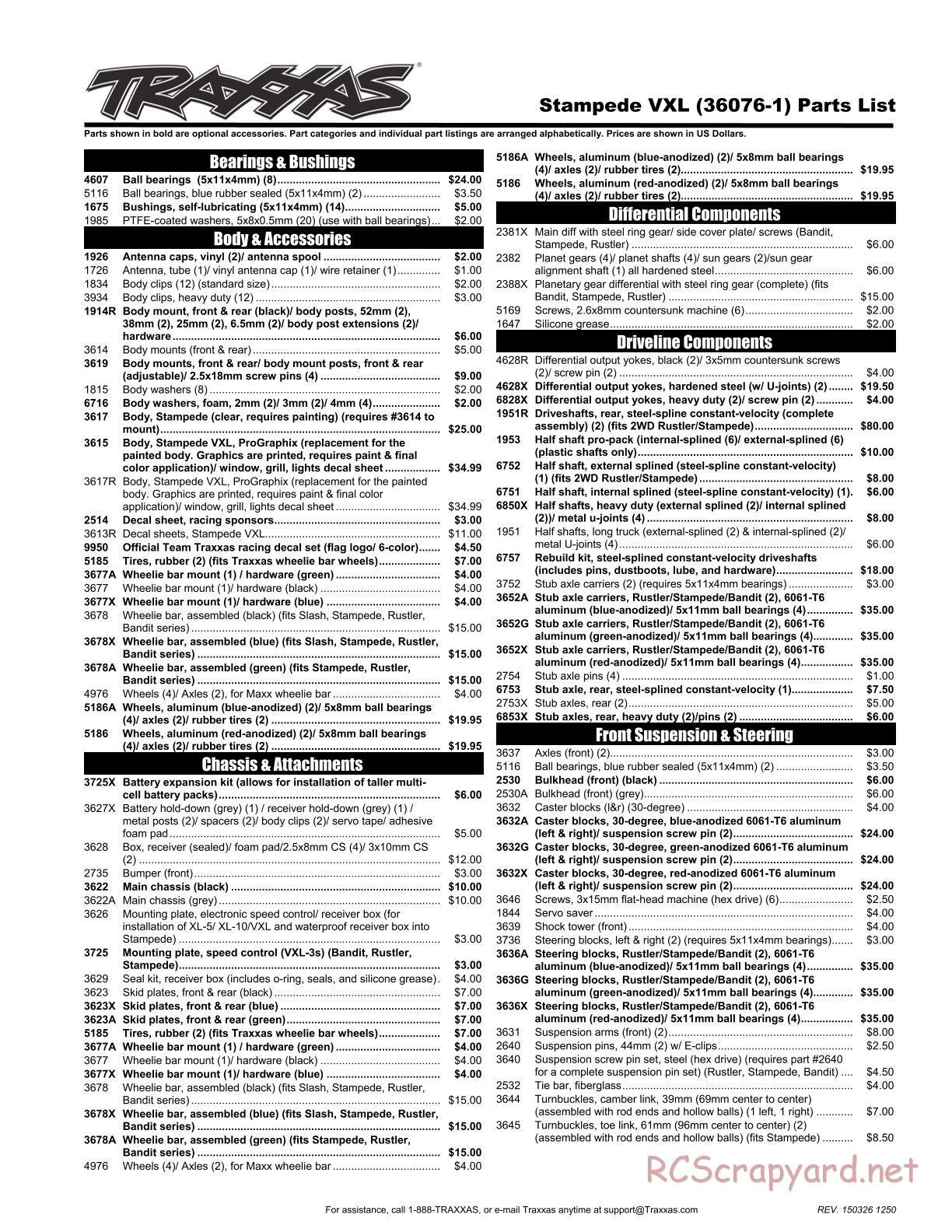 Traxxas - Stampede VXL - Parts List - Page 1