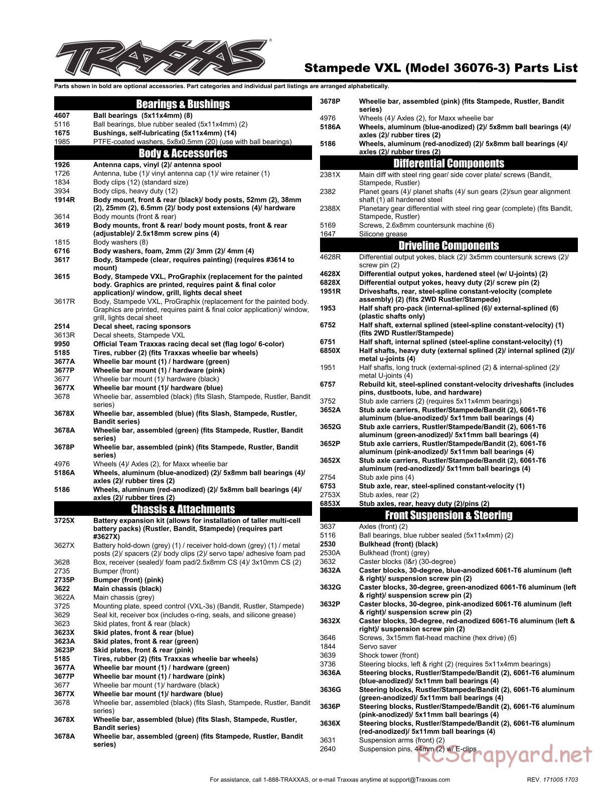 Traxxas - Stampede VXL - Parts List - Page 1