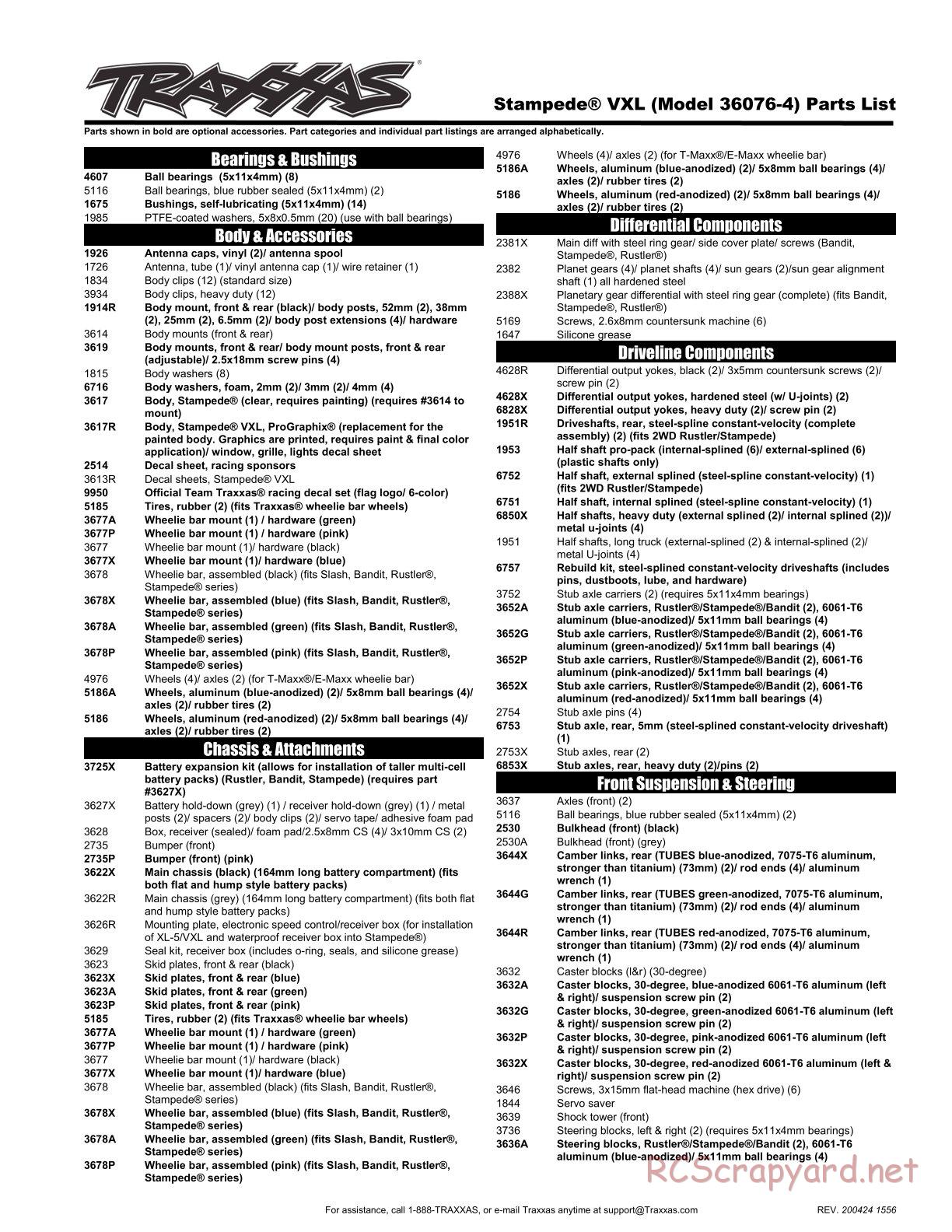 Traxxas - Stampede VXL TSM Rock n' Roll (2017) - Parts List - Page 1