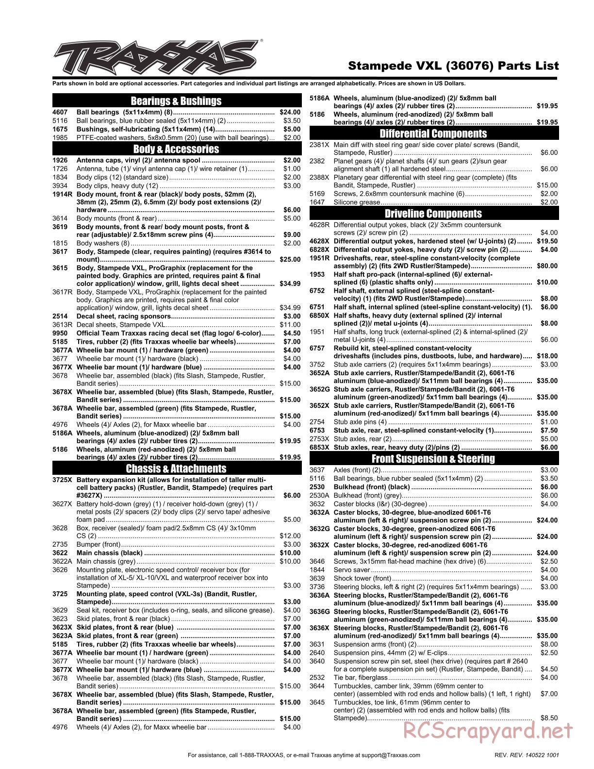 Traxxas - Stampede VXL - Parts List - Page 1