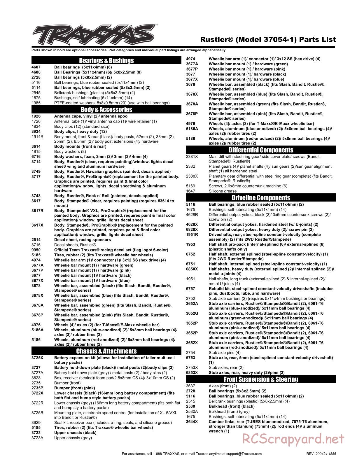 Traxxas - Rustler XL-5 - Parts List - Page 1