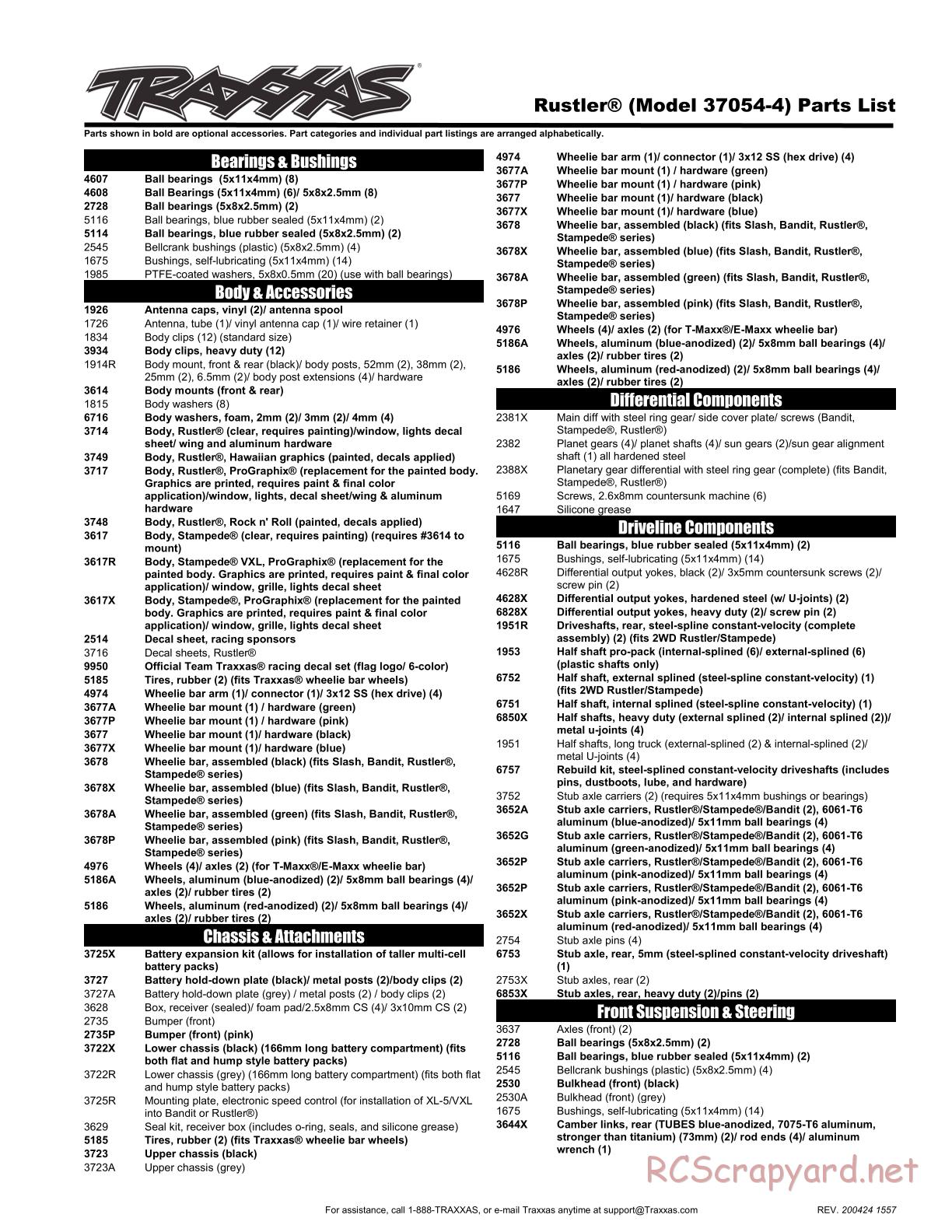 Traxxas - Rustler XL-5 (2018) - Parts List - Page 1