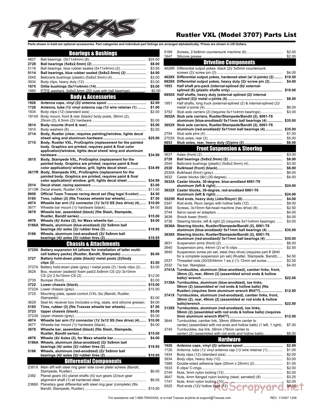 Traxxas - Rustler VXL - Parts List - Page 1