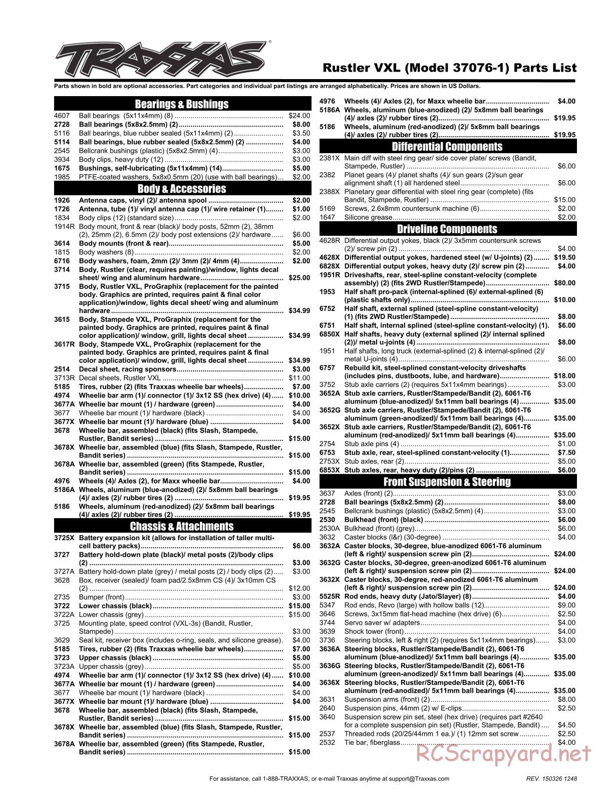 Traxxas - Rustler VXL (2015) - Parts List - Page 1