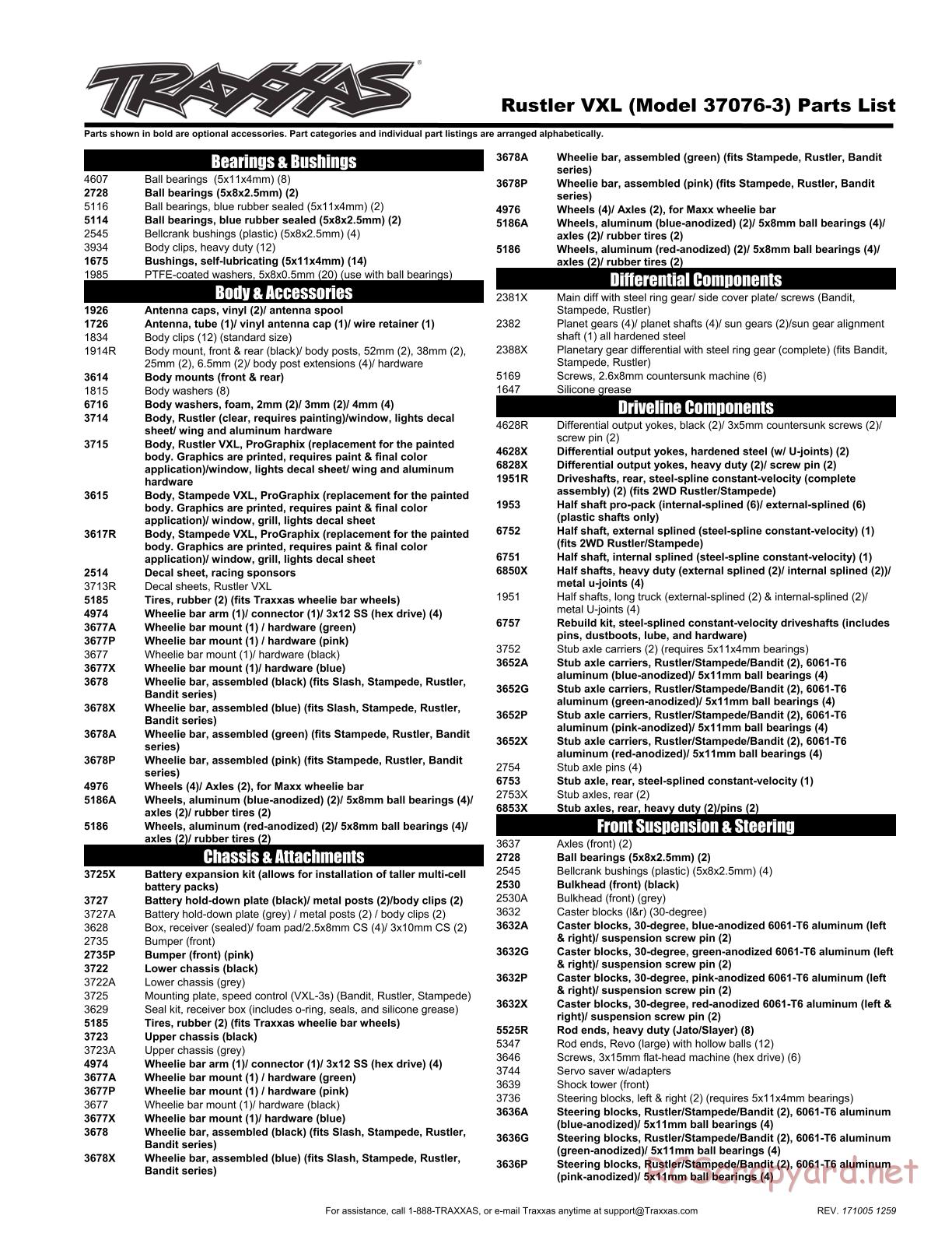 Traxxas - Rustler VXL TSM (2015) - Parts List - Page 1
