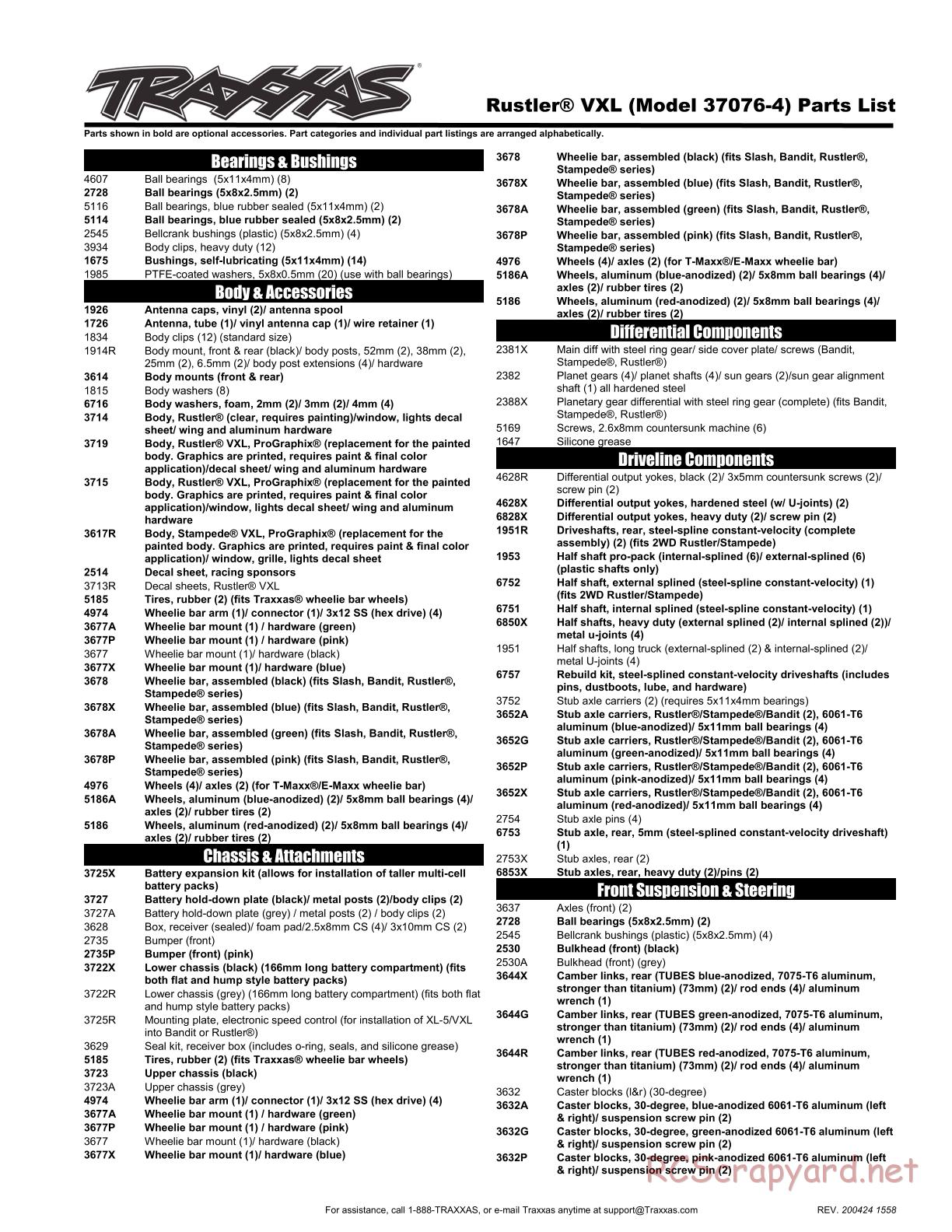 Traxxas - Rustler VXL TSM - Parts List - Page 1