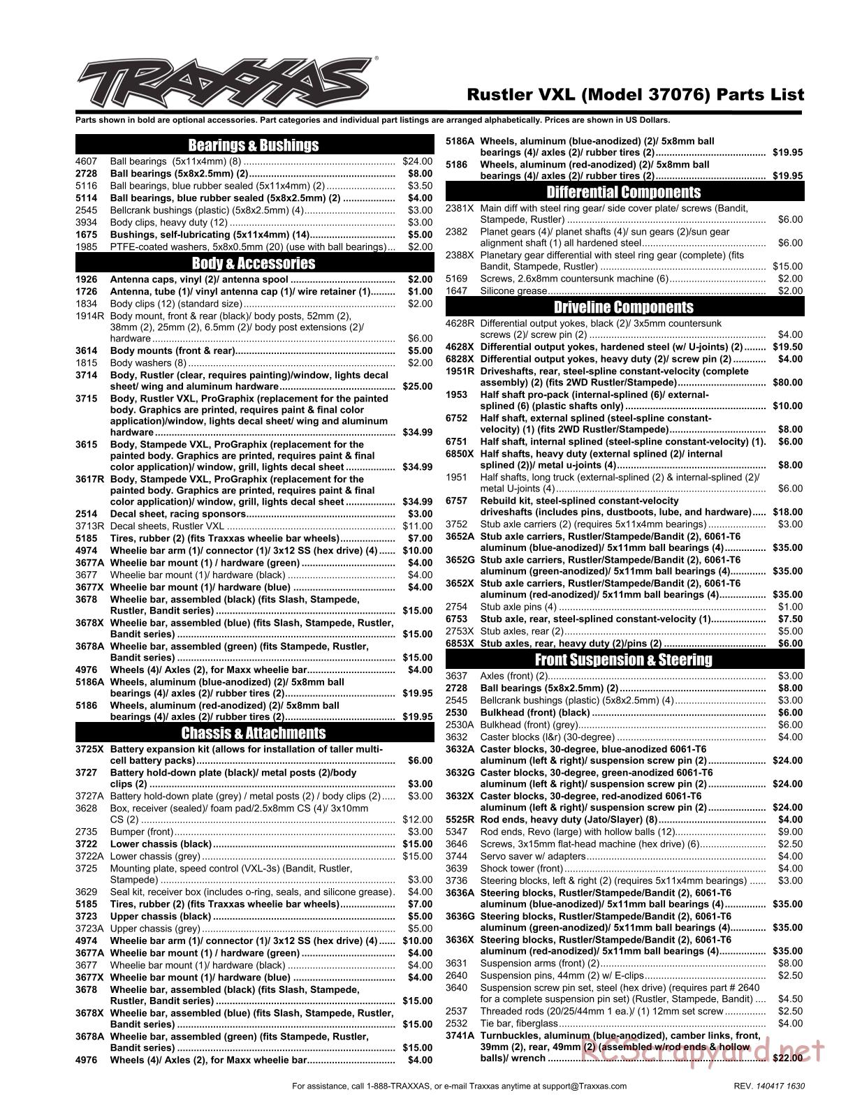 Traxxas - Rustler VXL (2014) - Parts List - Page 1