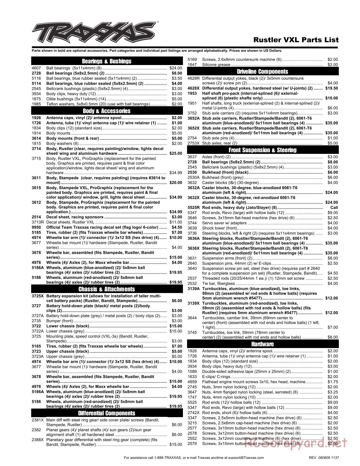 Traxxas - Rustler VXL (2007) - Parts List - Page 1
