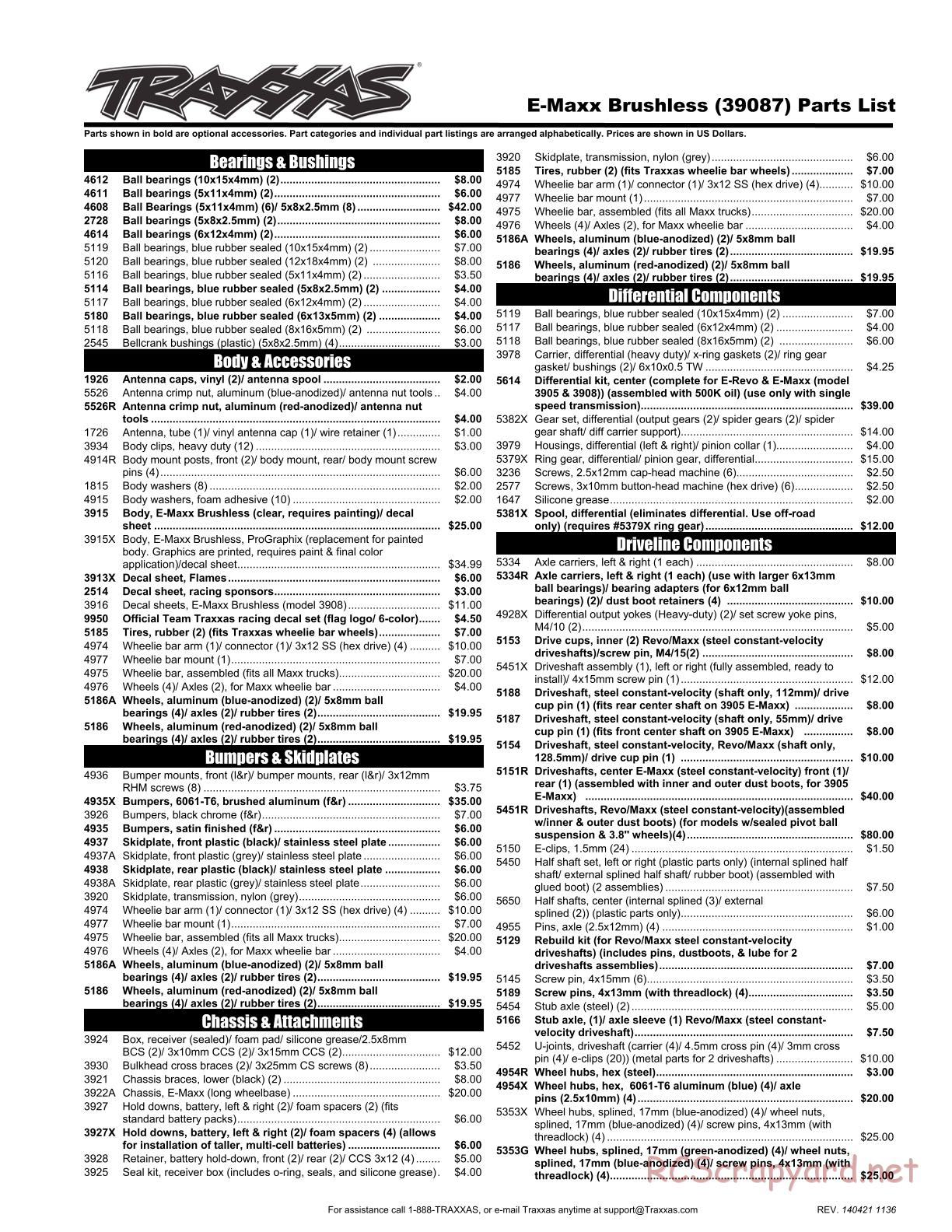 Traxxas - E-Maxx Brushless (2014) - Parts List - Page 1