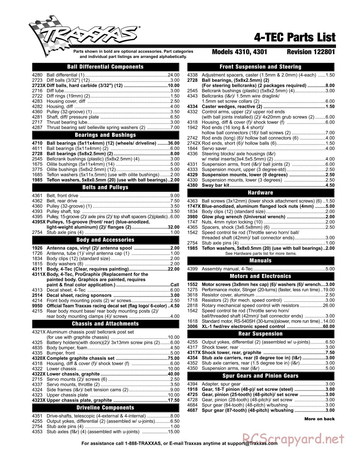 Traxxas - 4-Tec - Parts List - Page 1