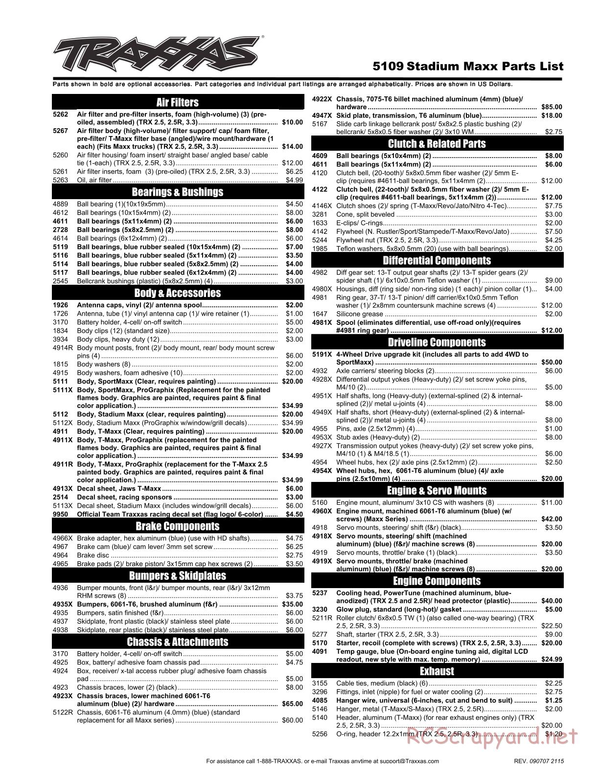 Traxxas - S-Maxx 2.5 (2004) - Parts List - Page 1