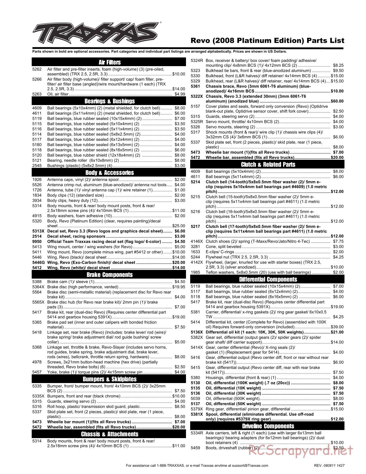 Traxxas - Revo Platinum Edition (2008) - Parts List - Page 1