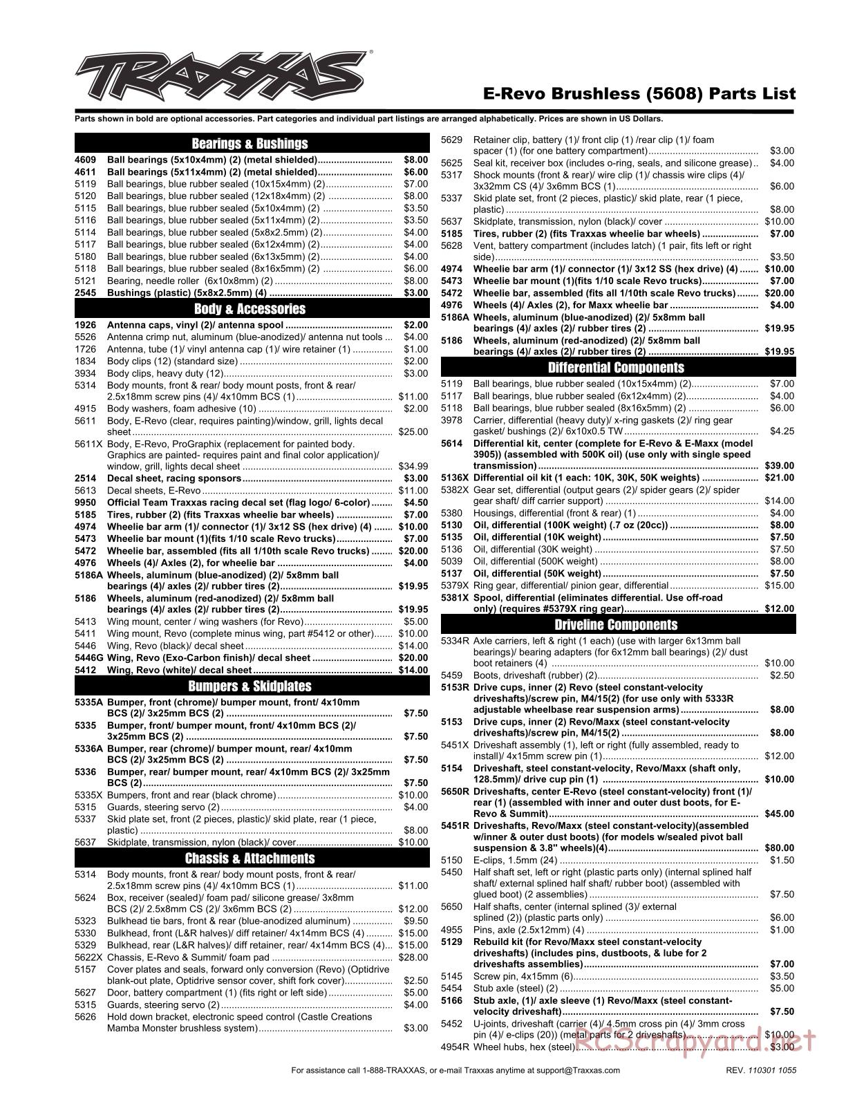 Traxxas - E-Revo Brushless (2009) - Parts List - Page 1