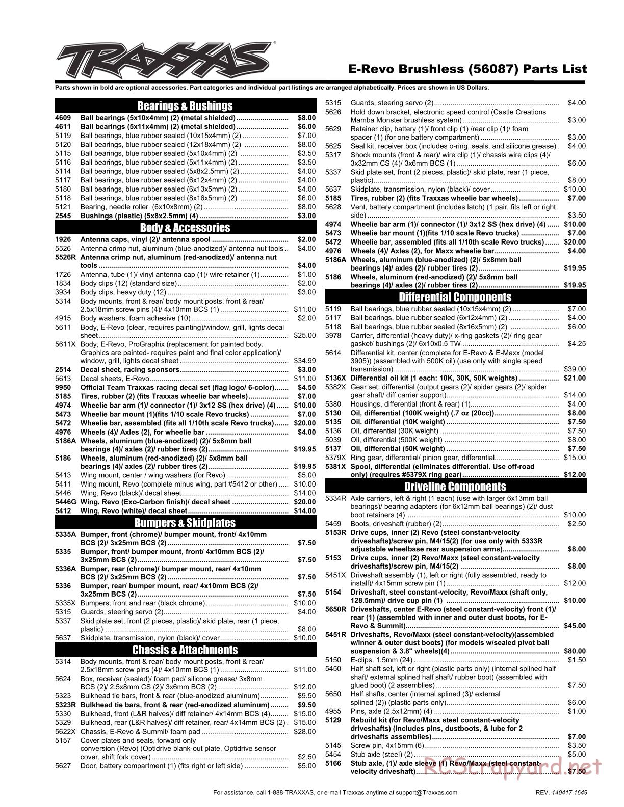 Traxxas - E-Revo Brushless (2014) - Parts List - Page 1