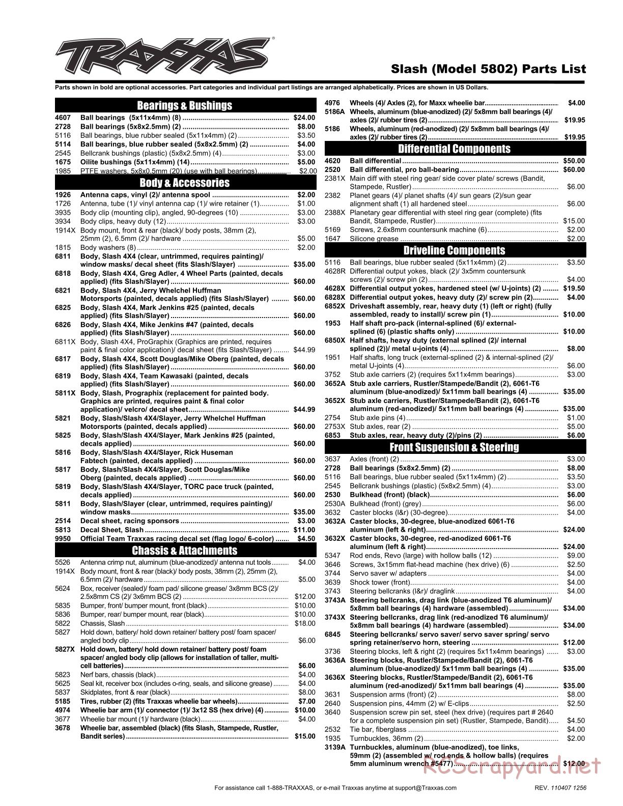 Traxxas - Slash 2WD (2011) - Parts List - Page 1